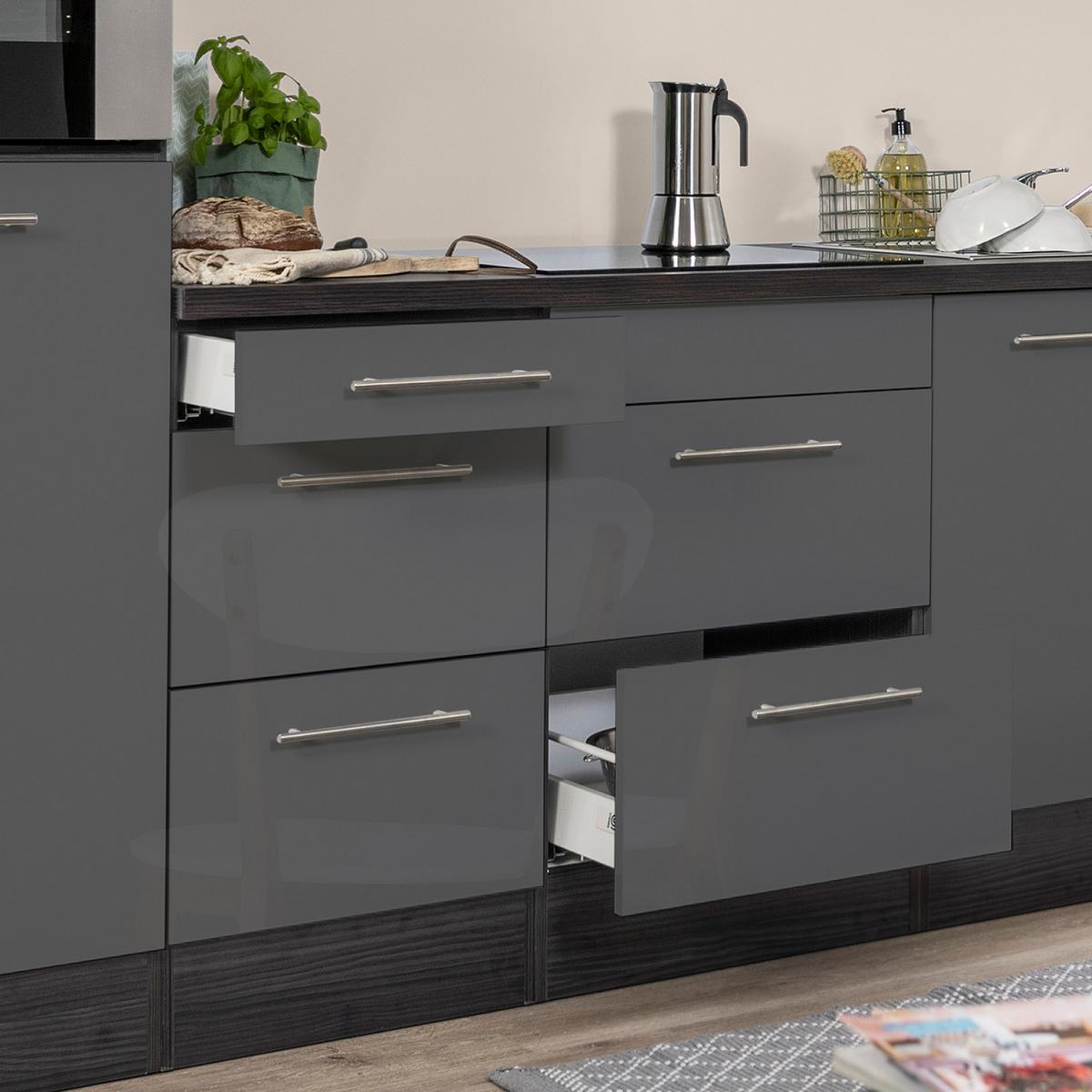 Küchenzeile mit Geräte Grau B: ca. 270 cm - Edelstahlfarben/Eichefarben, Basics, Holzwerkstoff/Metall (270cm) - Respekta