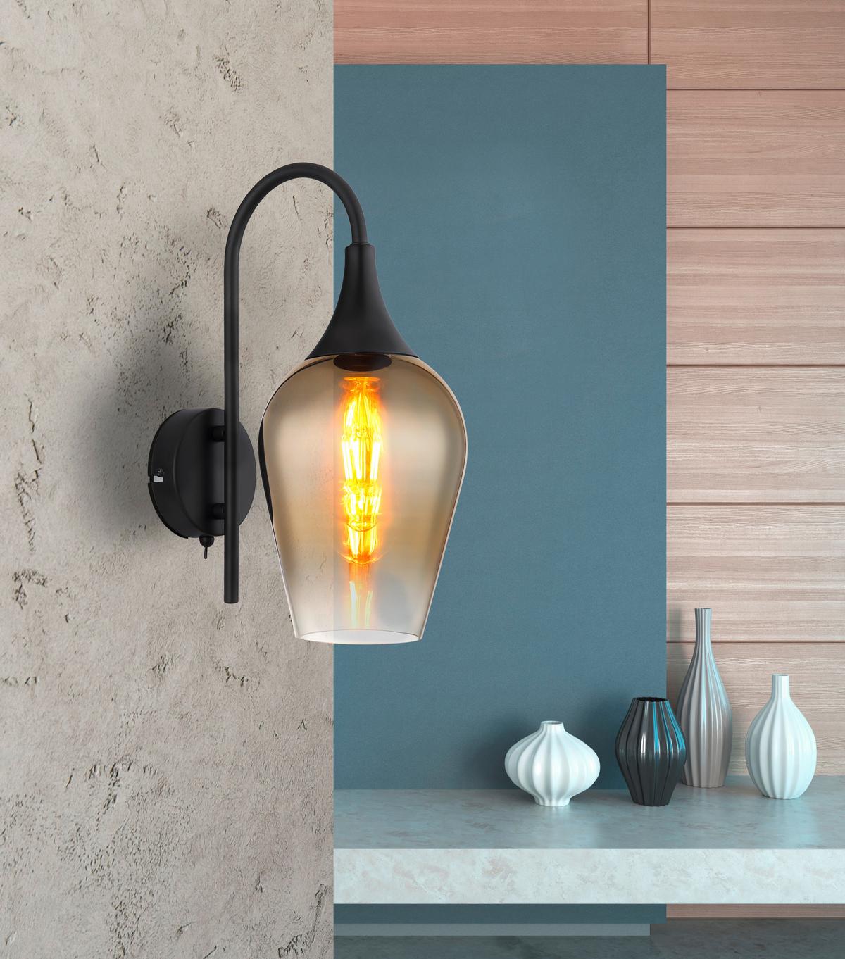 Wandleuchte Lavus Schwarz/Goldfarben max. 40Watt - Klar/Goldfarben, Design, Glas/Metall (15/36cm) - Globo