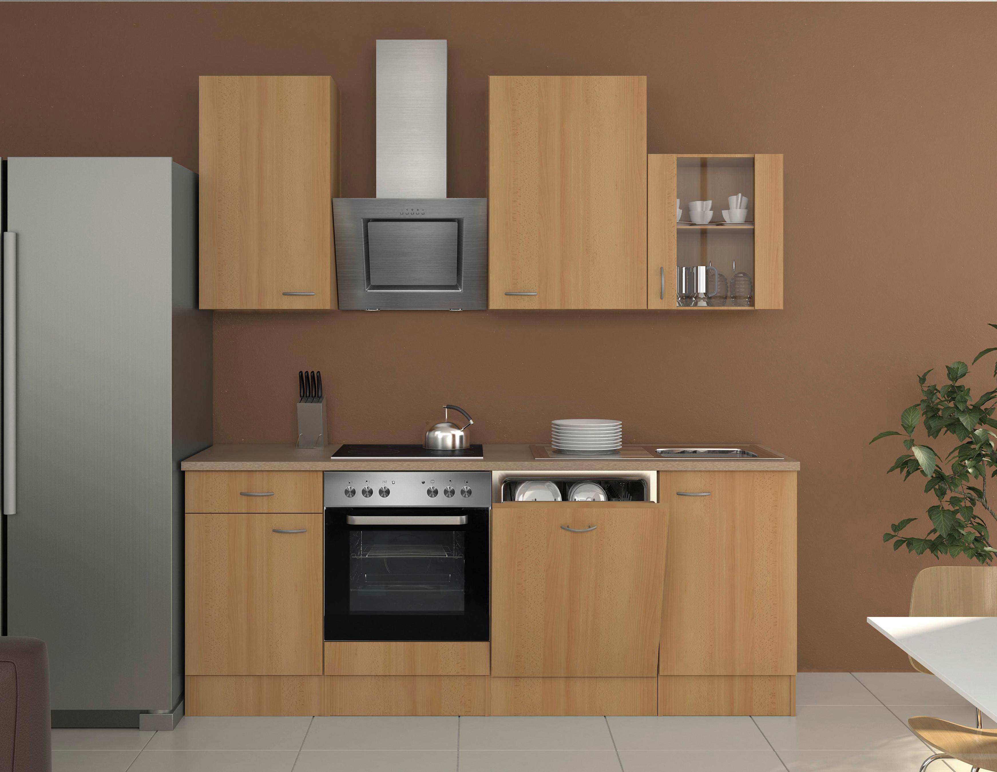 Küchenblock in Buche inkl. Geräte und Spüle 'Nano' - Edelstahlfarben/Beige, MODERN, Glas/Holzwerkstoff (220cm) - FlexWell