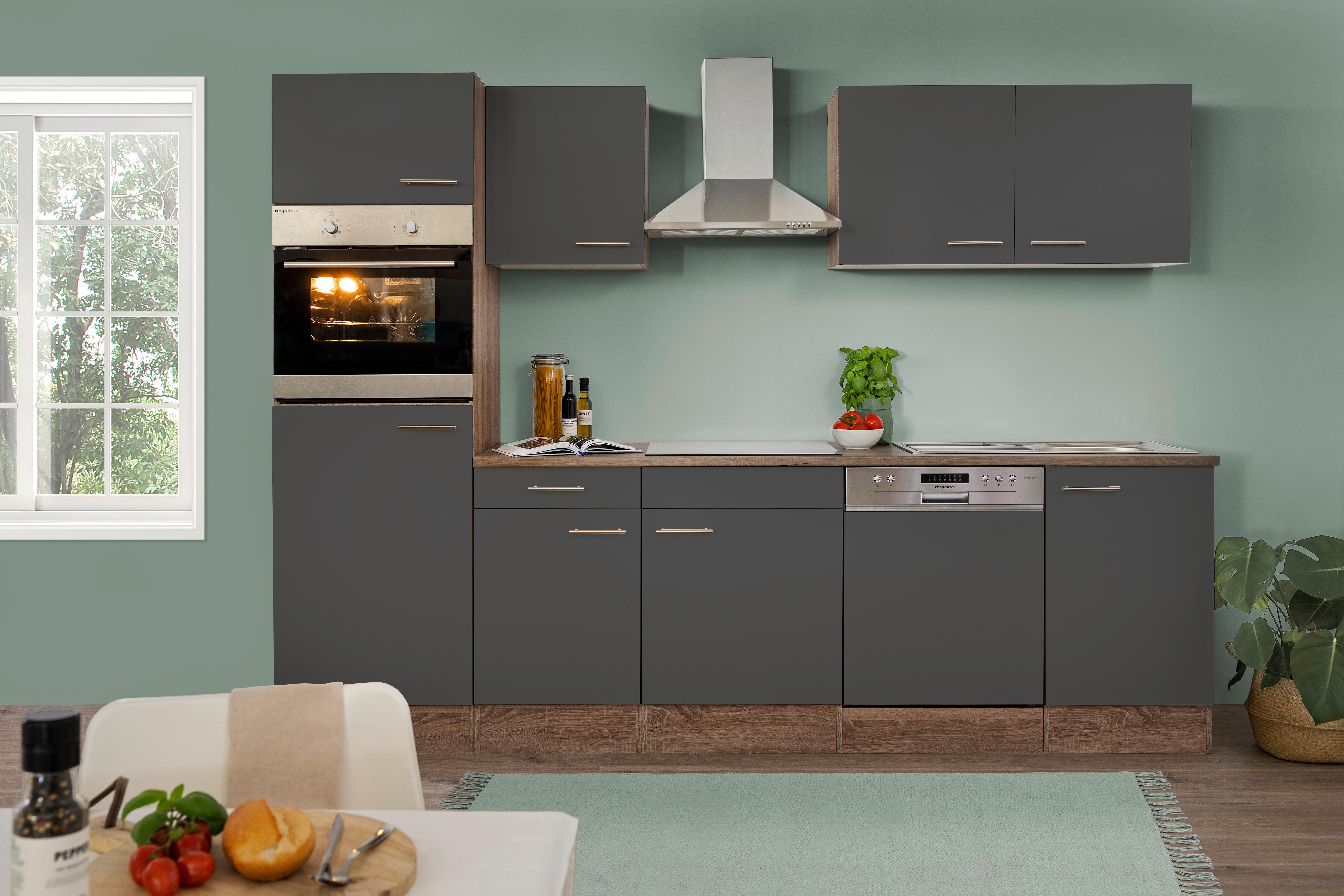 Küchenzeile mit Geräte Grau/Eiche Dekor B: ca. 280 cm - Edelstahlfarben/Eichefarben, Design, Holzwerkstoff/Metall (280cm) - Respekta
