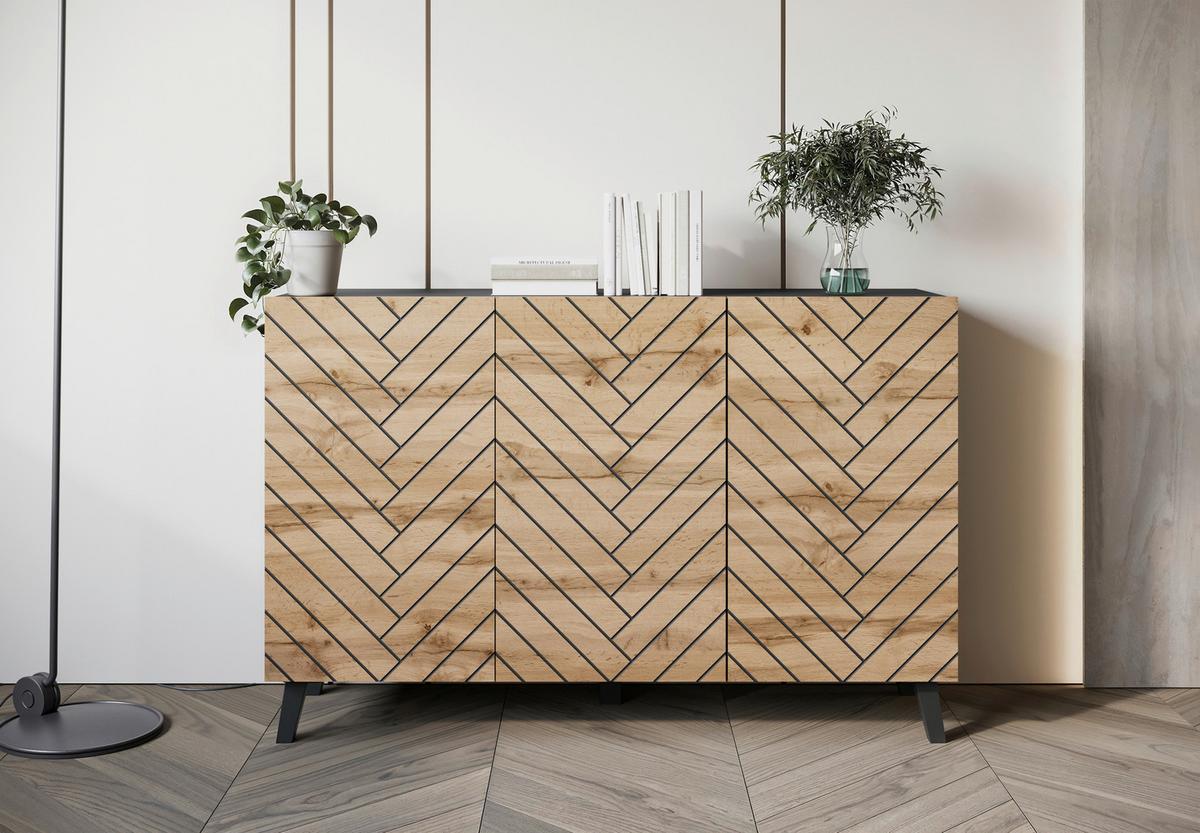 Komoda Phuket 120, Črna, Barva Hrasta - hrast wotan/črna, Trend, leseni material (120/76/39cm) - Livetastic