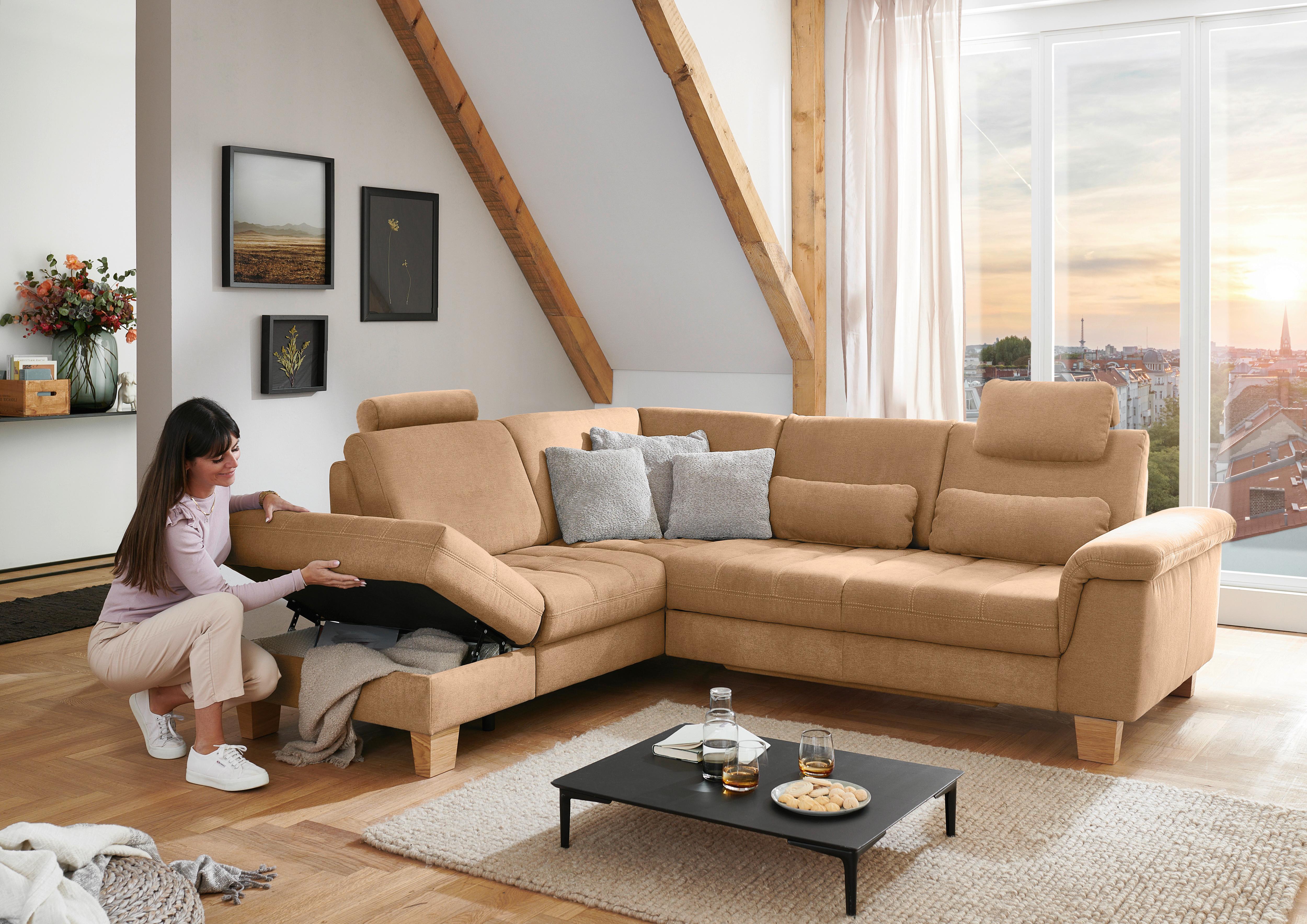 Sedežna Garnitura Pp-La23117 - bež/barve konjaka, Moderno, tekstil/leseni material (253/45/221cm) - Premium Living