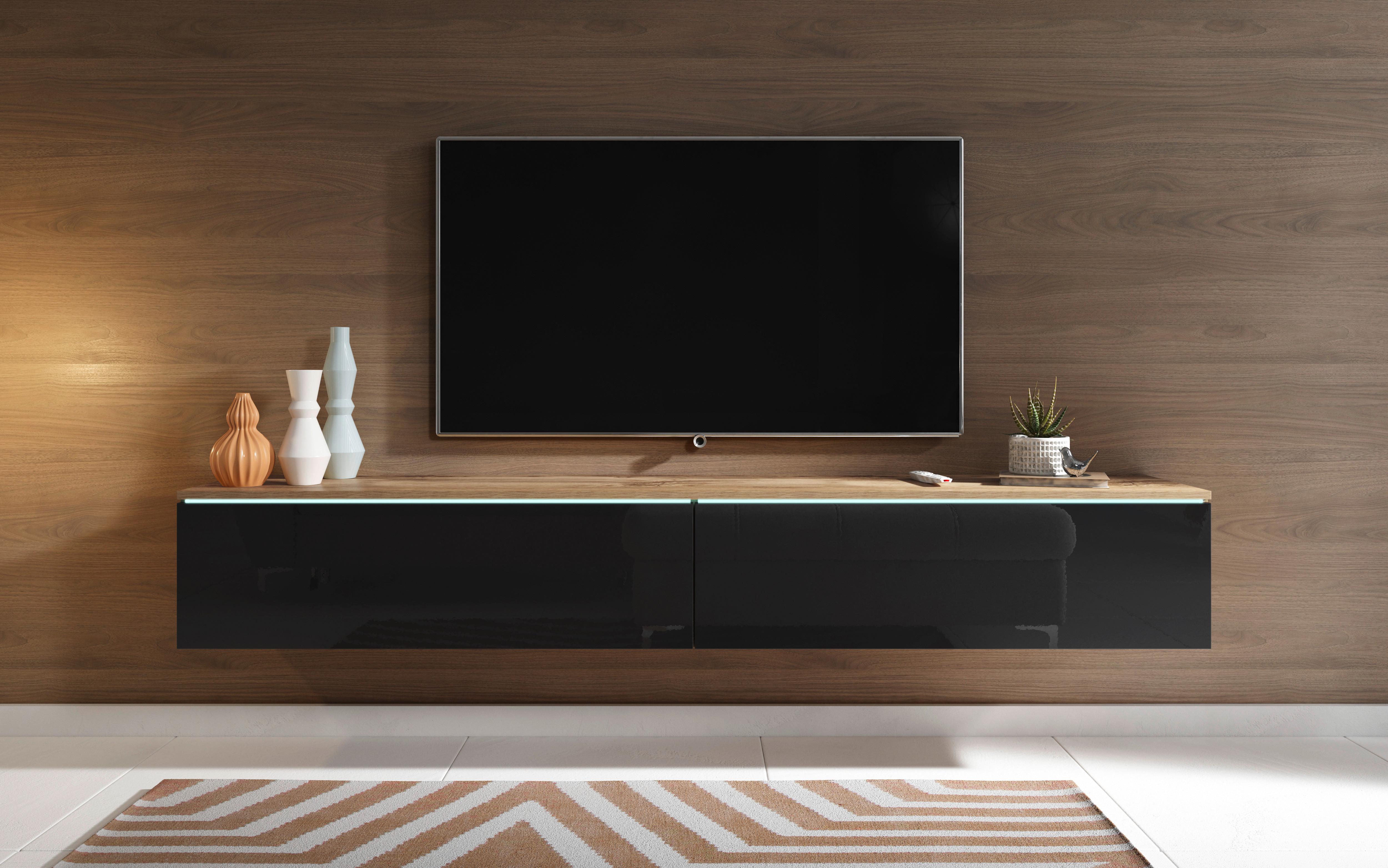 Lowboard ca. 180x30 cm mit LED Eiche Wotan/Schwarz - Schwarz Hochglanz/Eiche Wotan, LIFESTYLE, Holzwerkstoff/Kunststoff (180/30/33cm) - P & B