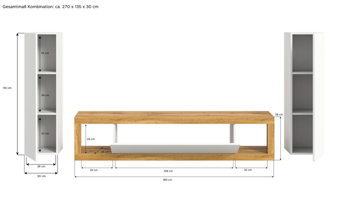 Ansamblu mobilier camera de zi TANGO - alb/stejar Wotan, Design, material pe bază de lemn (270/135/30cm) - Modern Living