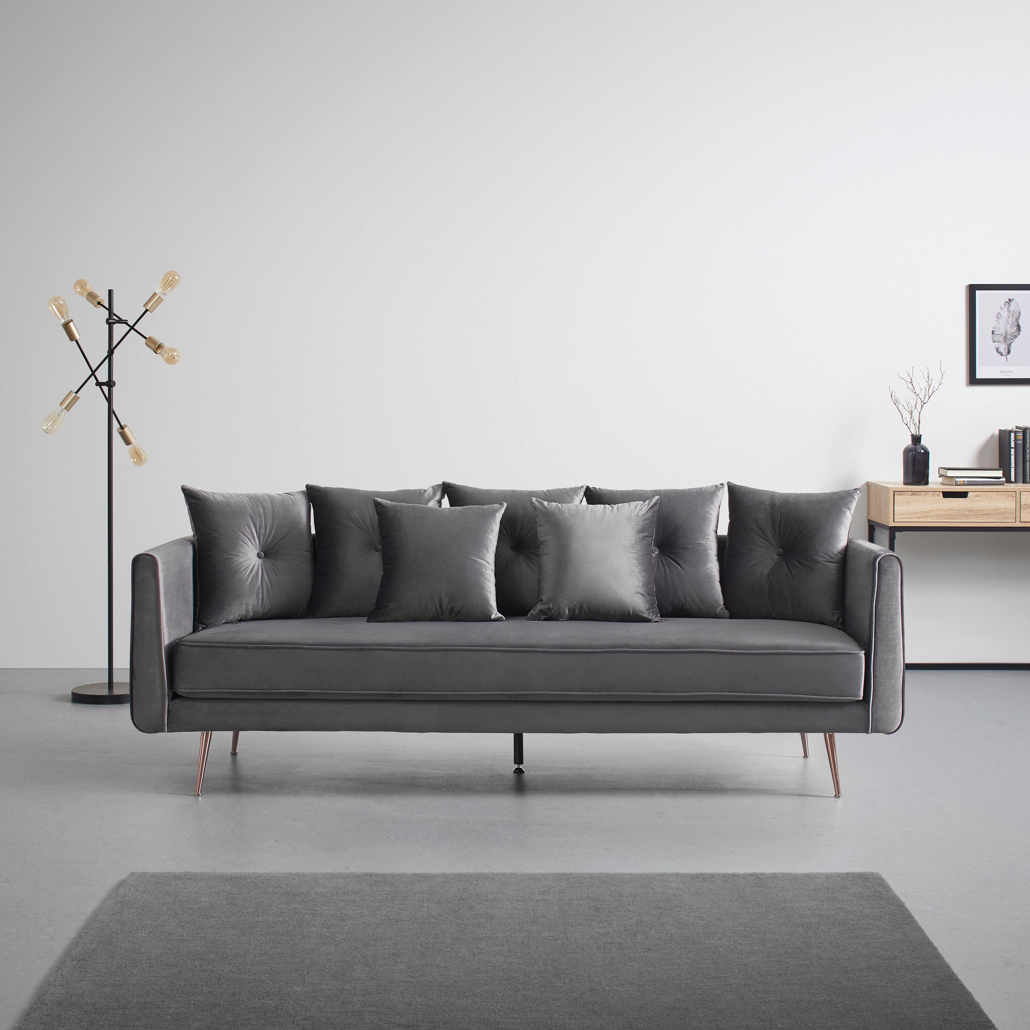 3er Sofa, grau, "Luis", Samt - Roségold/Grau, MODERN, Holz/Textil (225/87/87cm) - Bessagi Home