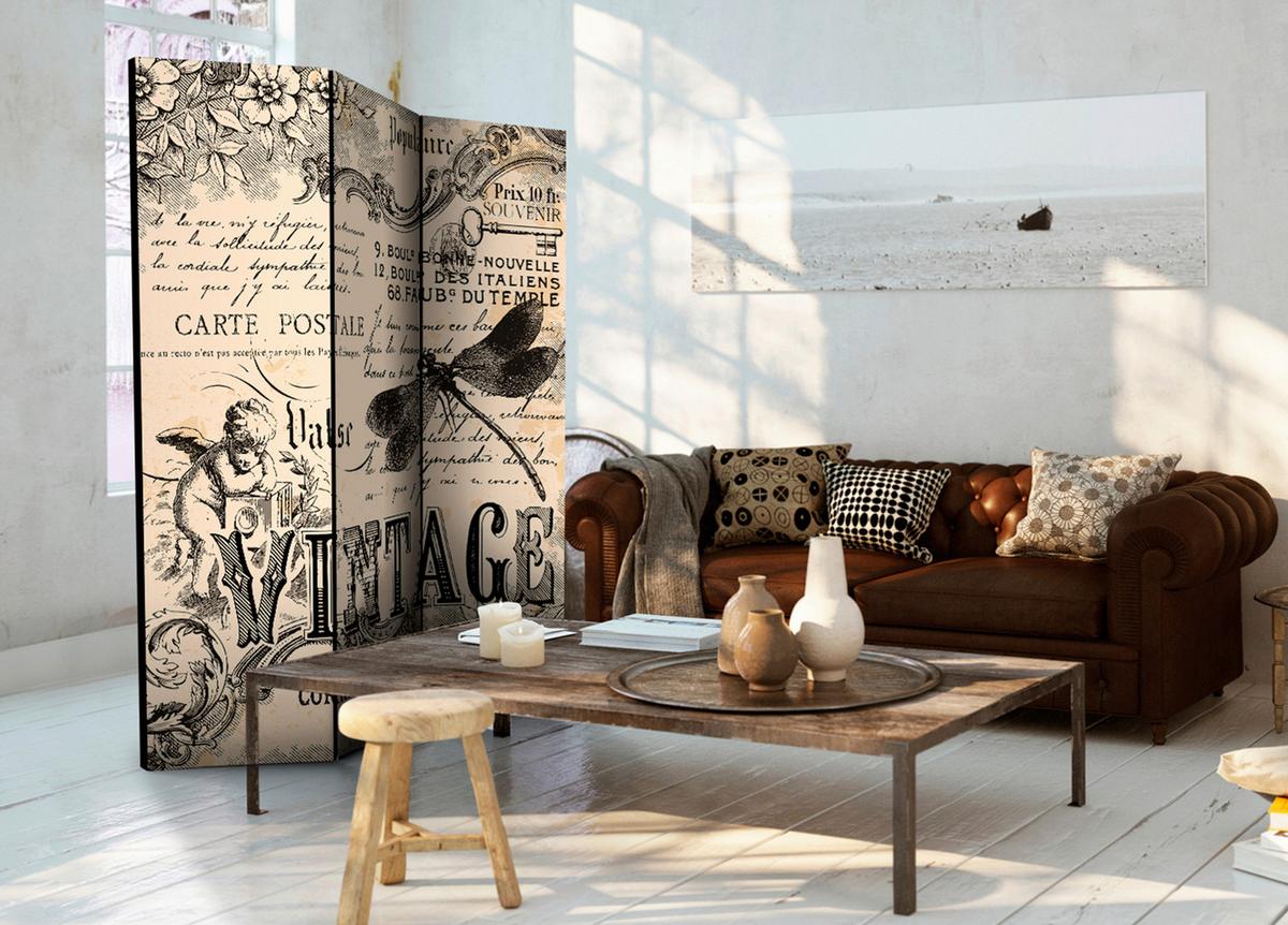 Paravan Vintage I, 3-Delni, Dvostranski - siva/krem barve, Basics, tekstil/les (135cm) - artgeist
