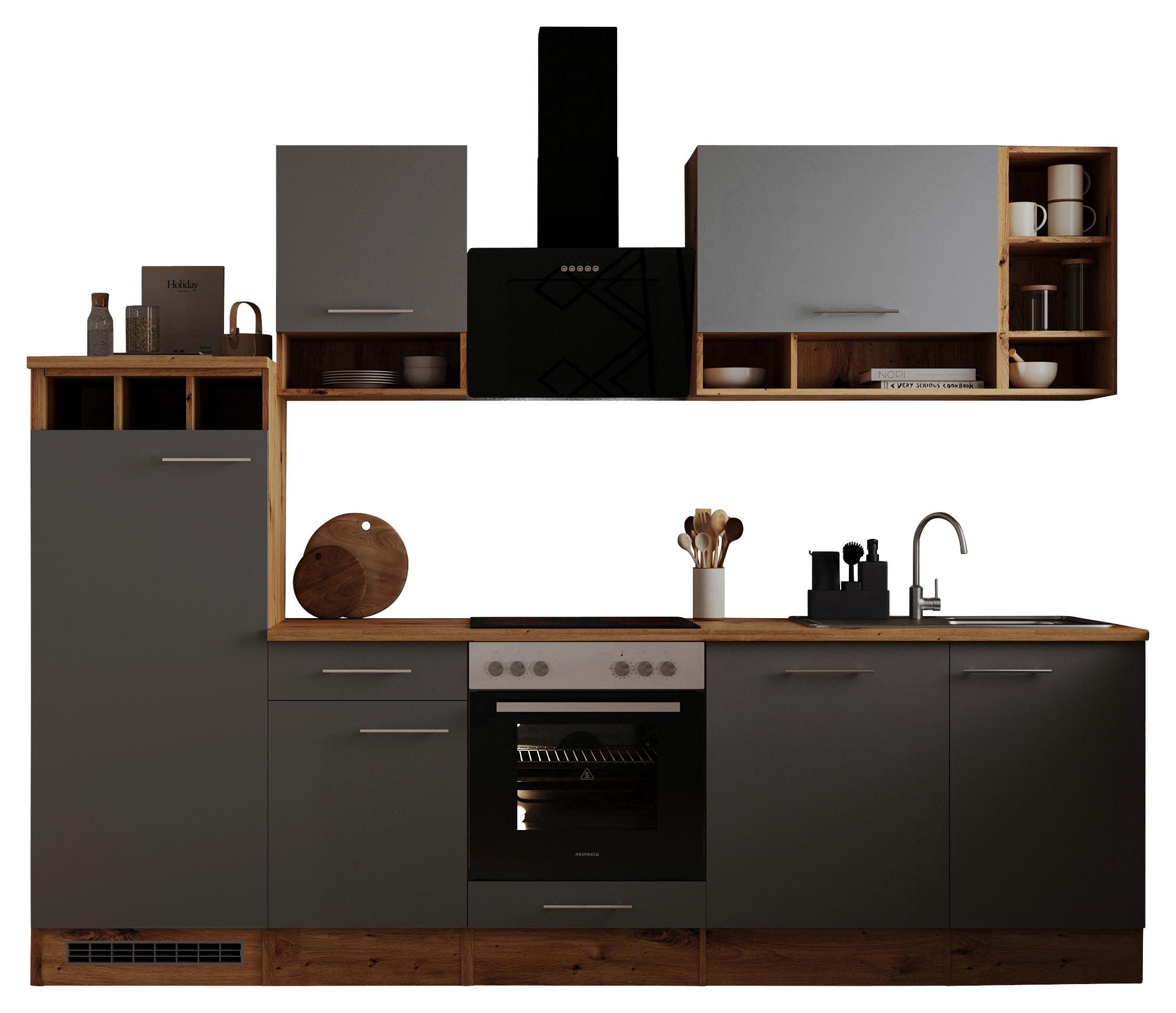 Küchenzeile Economy mit Geräte Grau/Wildeiche B: 280 cm - Wildeiche/Edelstahlfarben, Basics, Holzwerkstoff/Metall (280cm) - Respekta
