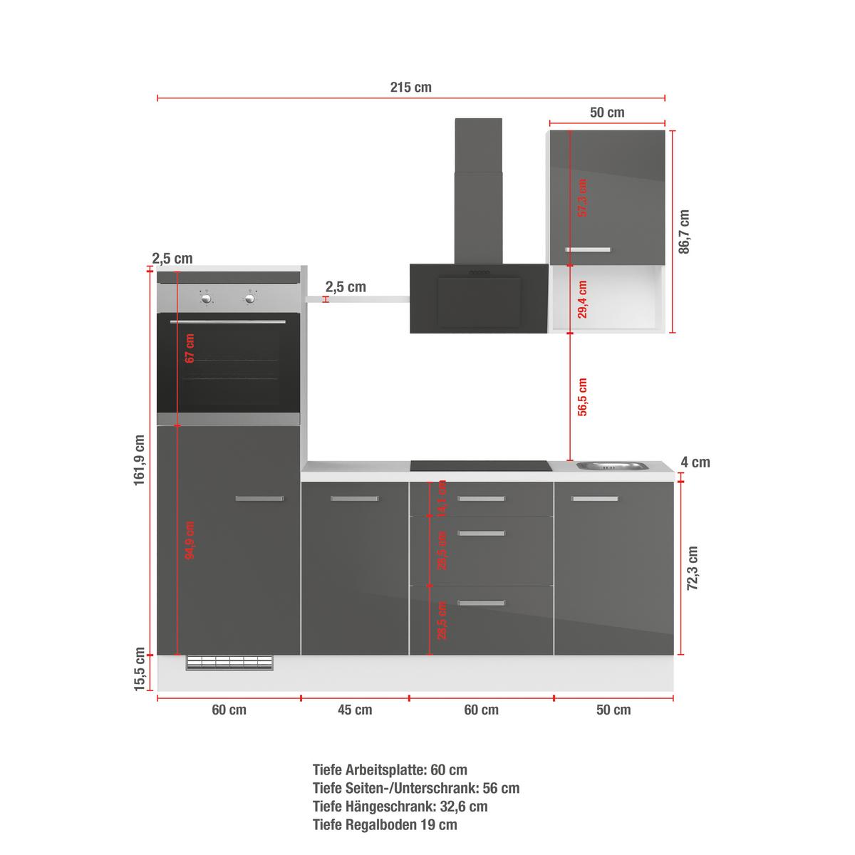 Küchenblock IBZ ohne Geräte ca. 215 cm Weiß - Edelstahlfarben/Weiß Hochglanz, Design, Holzwerkstoff/Metall (215cm) - Impuls