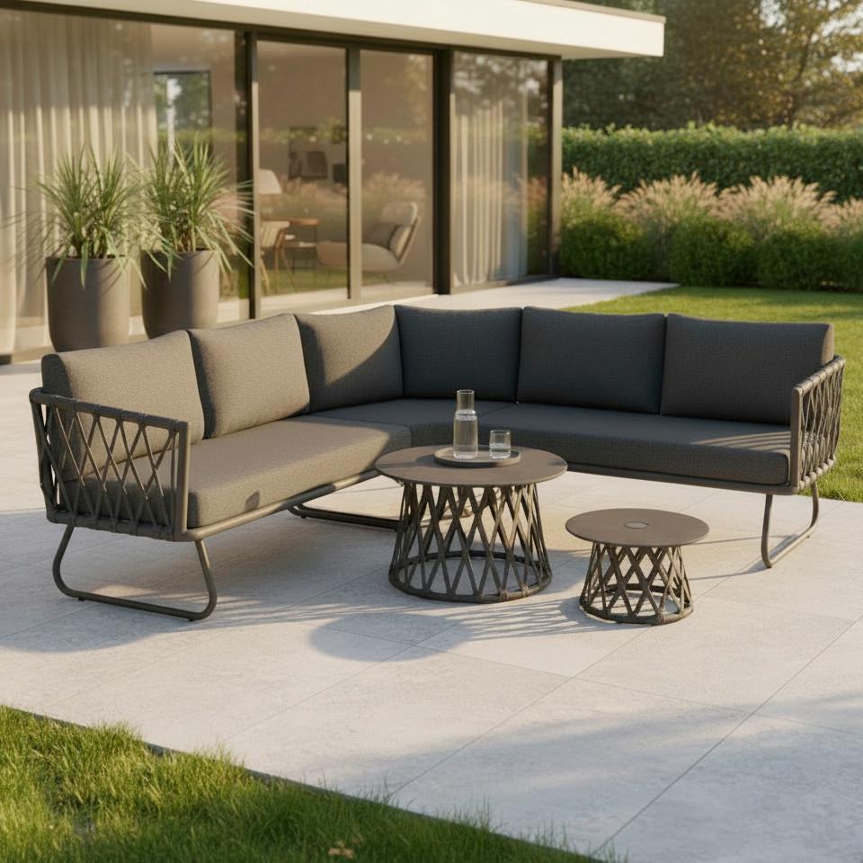 Loungegarnitur Elea Dunkelgrau Outdoorstoff/Metall +Abdeckung - Dunkelgrau/Anthrazit, MODERN, Textil/Stein (234/74/77cm) - Bessagi Garden