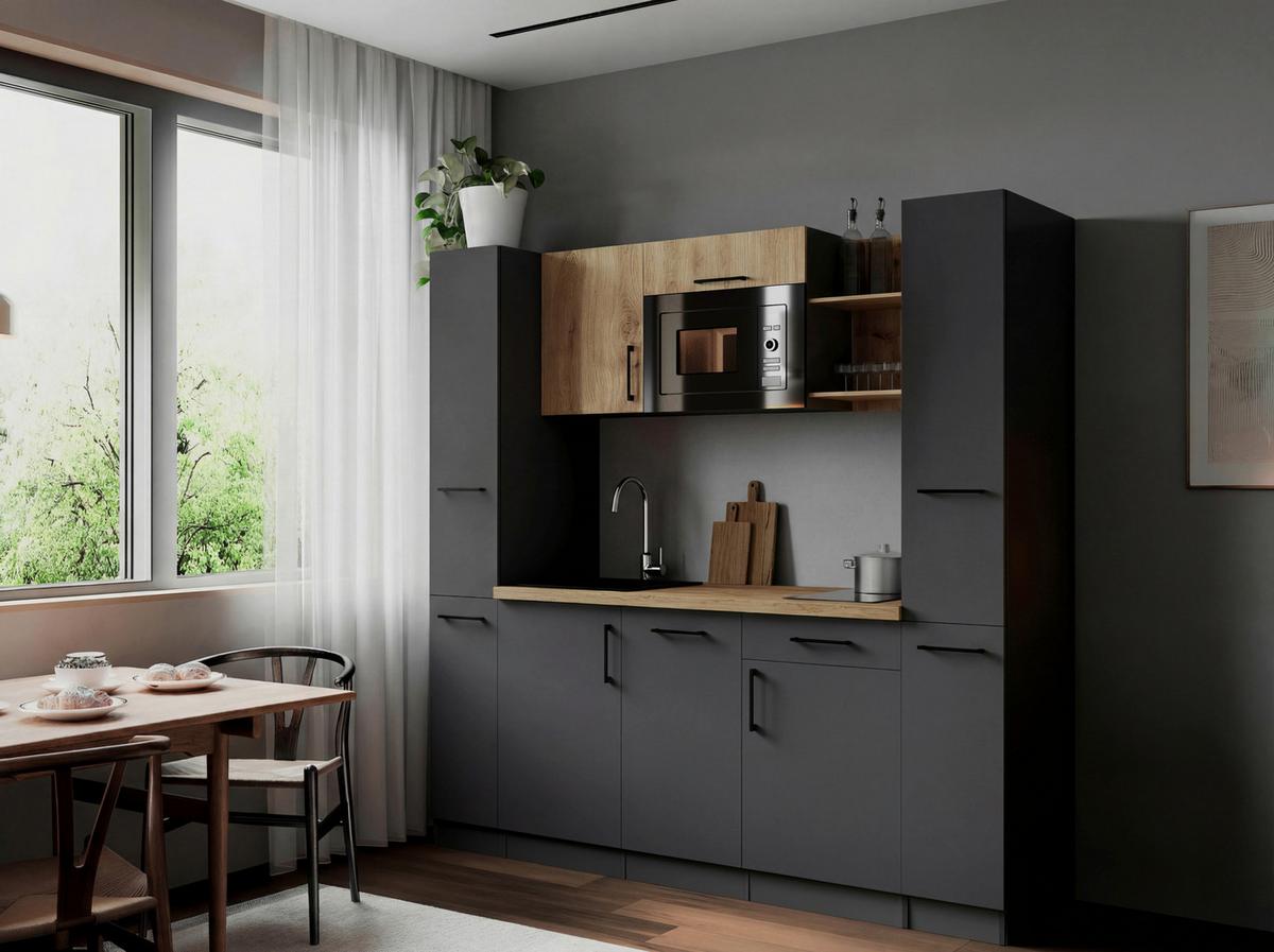 Küchenblock Oliver m. Geräten Grau - Eiche Artisan/Grau, Trend, Holzwerkstoff/Metall (205cm) - Respekta