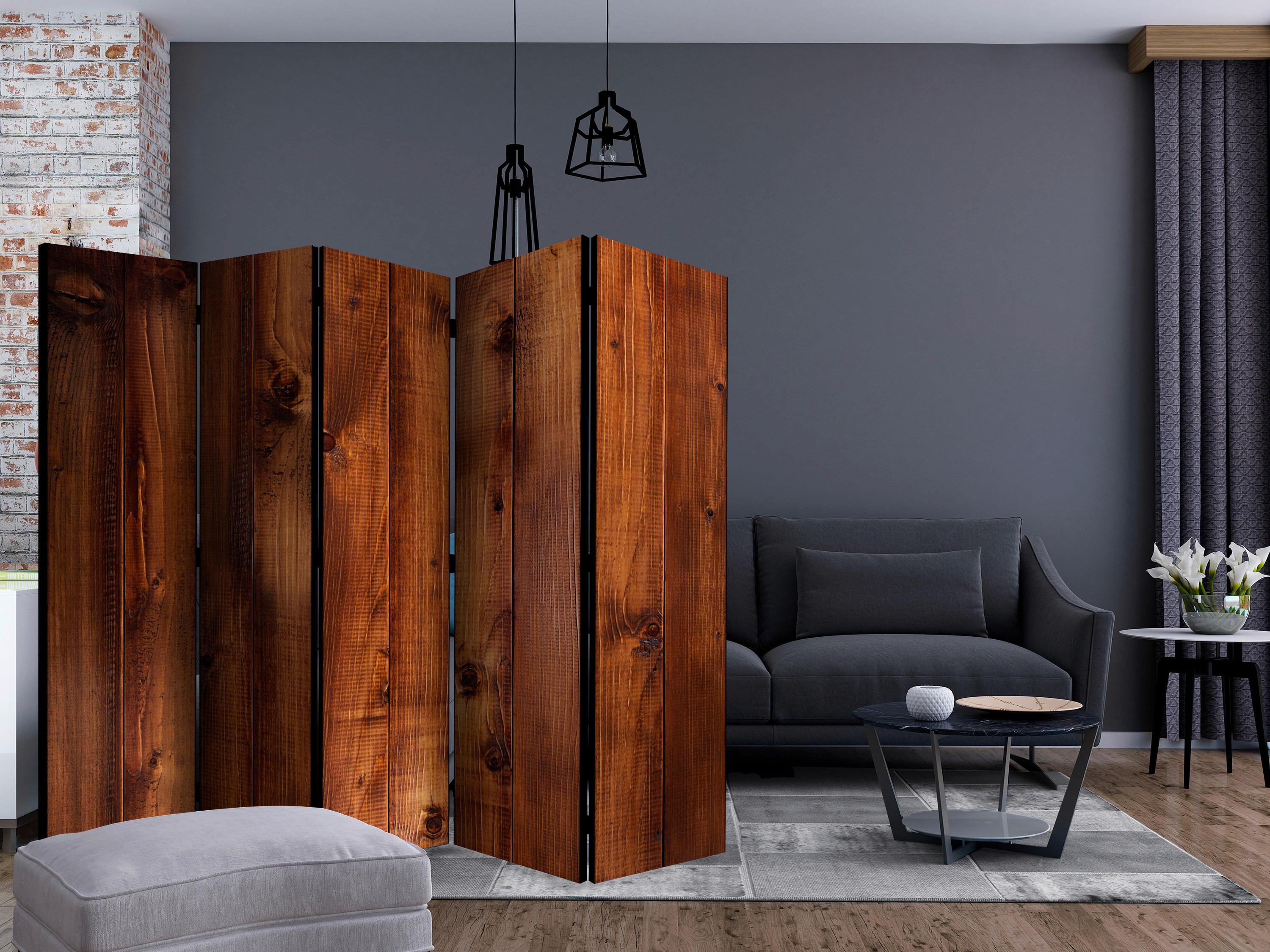 Paravan Pine Board I, 5-Delni, Dvostranski - barve konjaka, Basics, tekstil/les (225/172/3cm) - artgeist