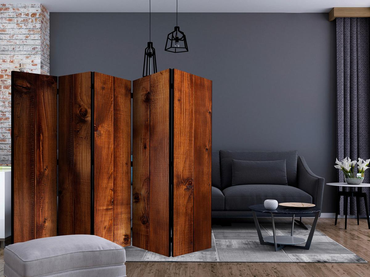 Paravan Pine Board I, 5-Delni, Dvostranski - barve konjaka, Basics, tekstil/les (225/172/3cm) - artgeist