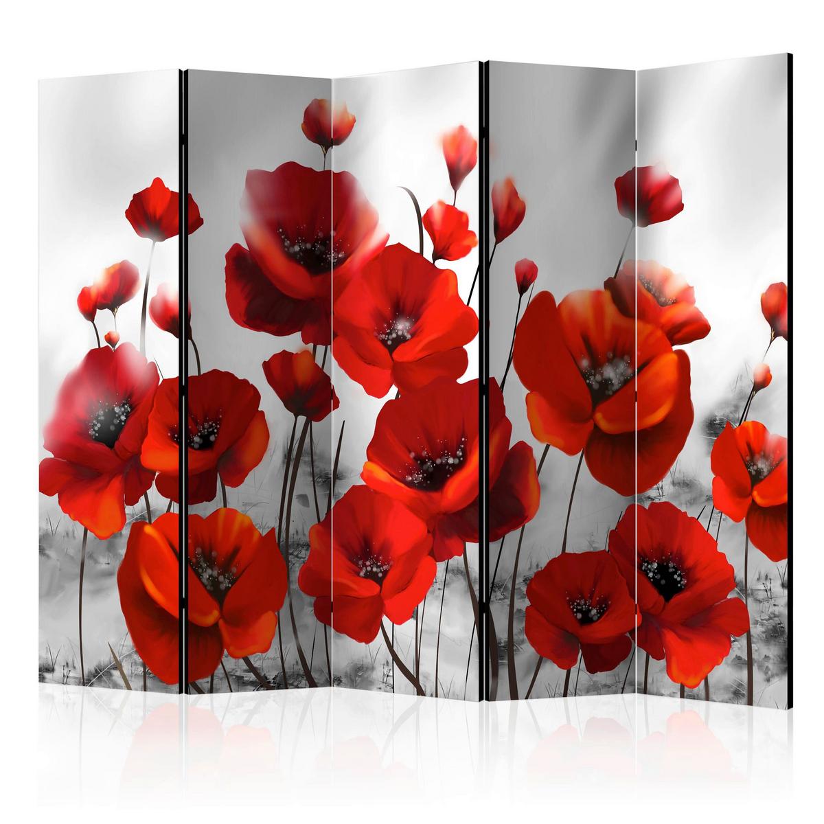 Paravan Poppies, 5-Delni, Dvostranski - rdeča/bela, Basics, tekstil/les (225/172/3cm) - artgeist