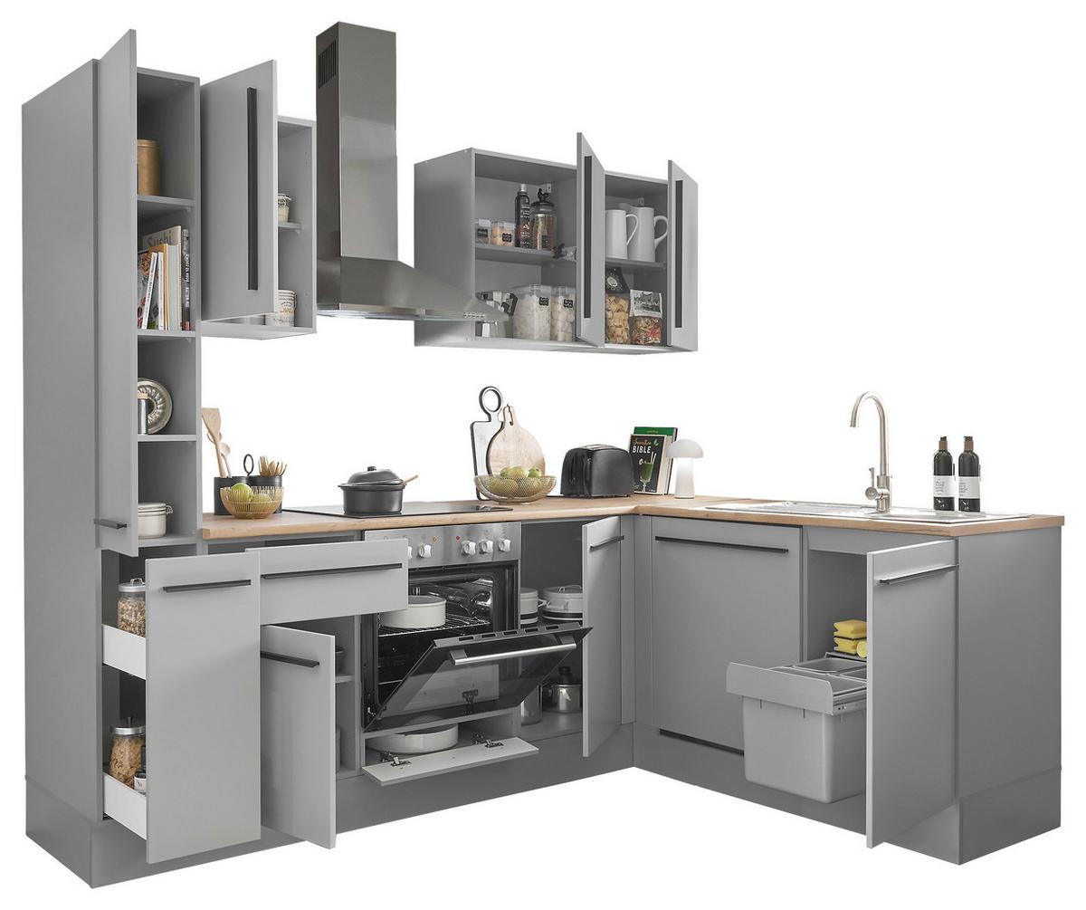 Eckküche Denver mit Geräten ca. 250x175 cm Grau/Eiche - Eichefarben/Schwarz, Design, Holzwerkstoff/Kunststoff (250/175cm) - P & B