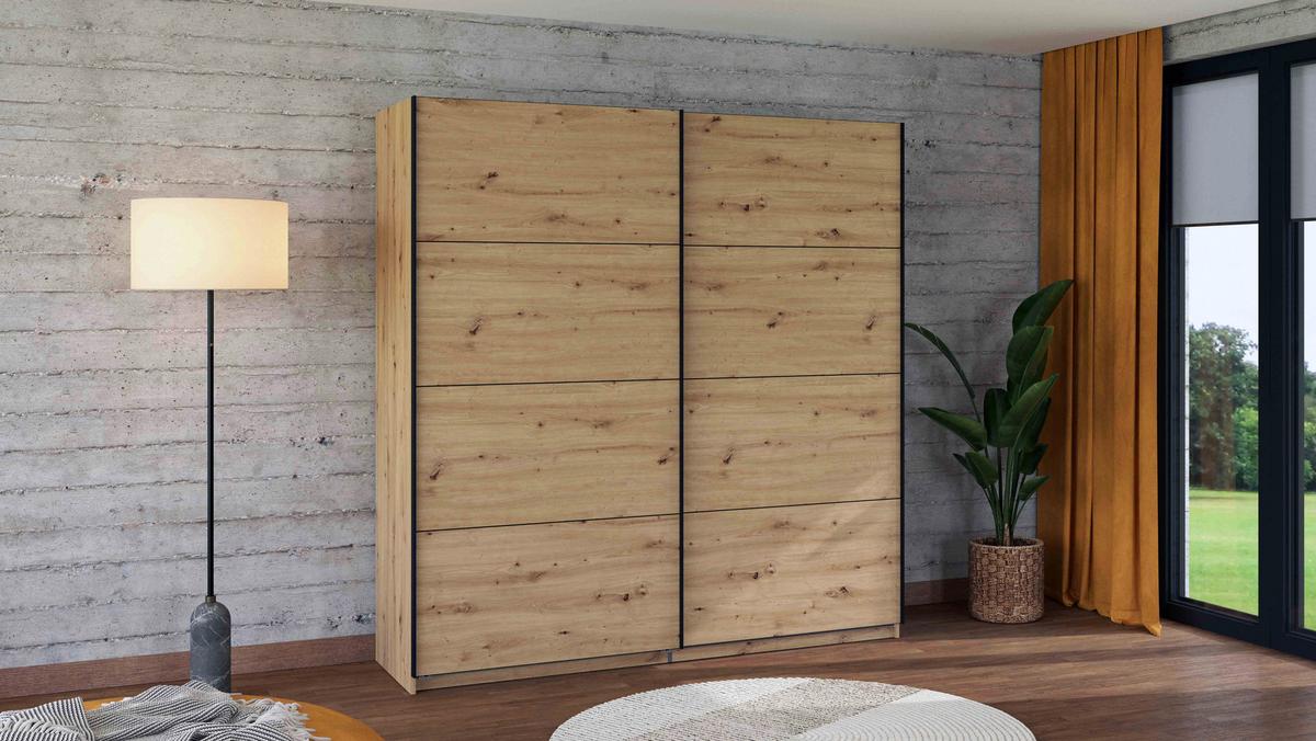 Schwebetürenschrank Gard 200 in Eiche Artisan - Schwarz/Eiche Artisan, KONVENTIONELL, Holzwerkstoff/Metall (195/217/61cm) - Mömax
