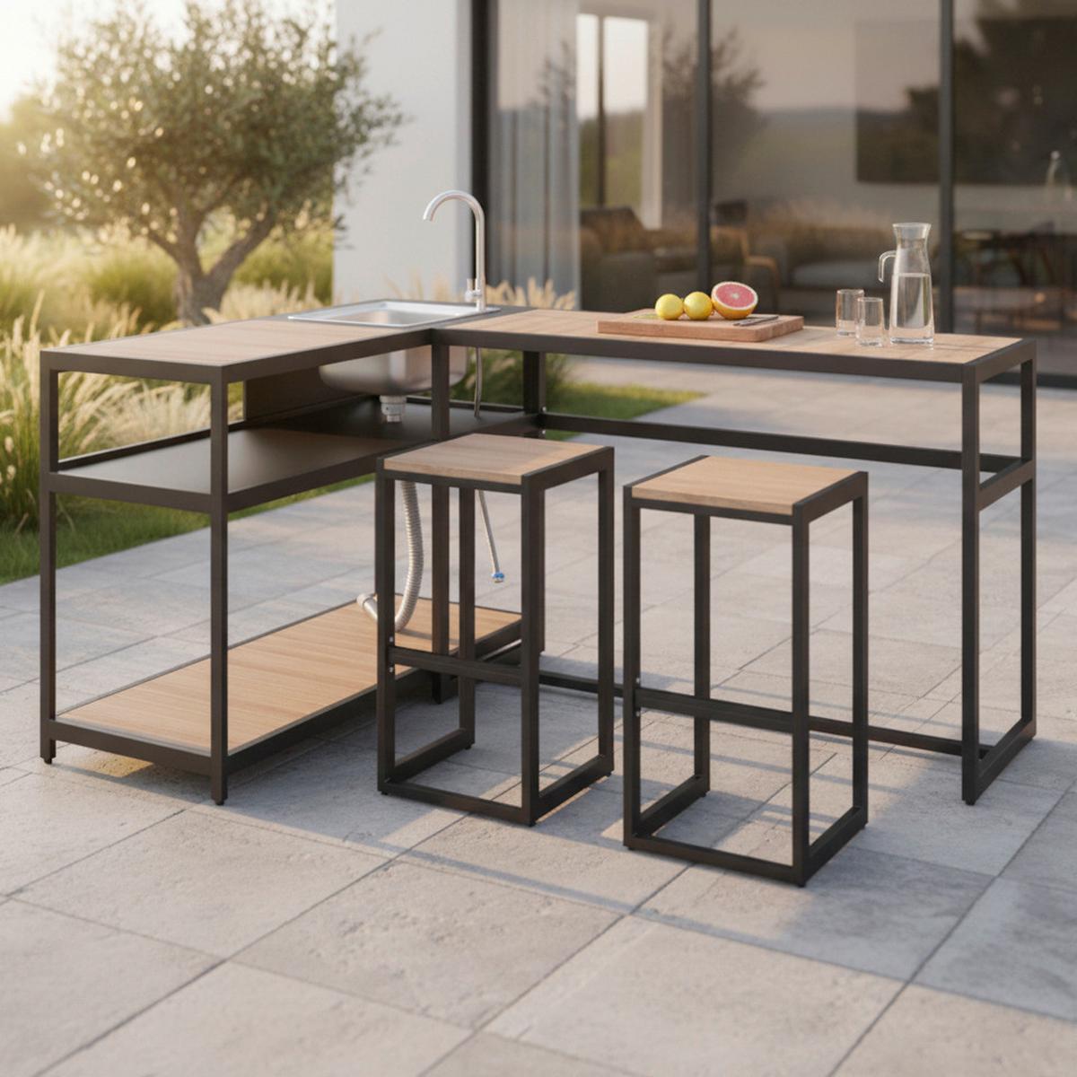 Outdoorküche Delia Schwarz /Naturfarben inkl. Abdeckung - Schwarz/Naturfarben, MODERN, Kunststoff/Metall - Bessagi Garden