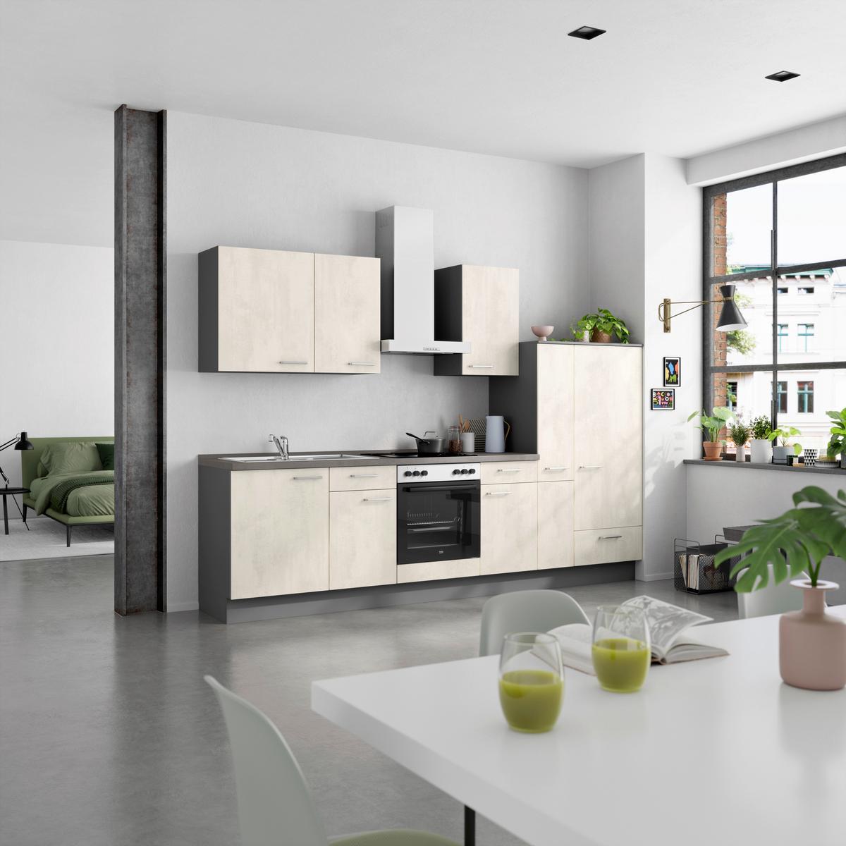 Küchenblock Riva Low m. Geräten Weiß - Schieferfarben/Edelstahlfarben, MODERN, Holzwerkstoff/Metall (300cm) - Nobilia