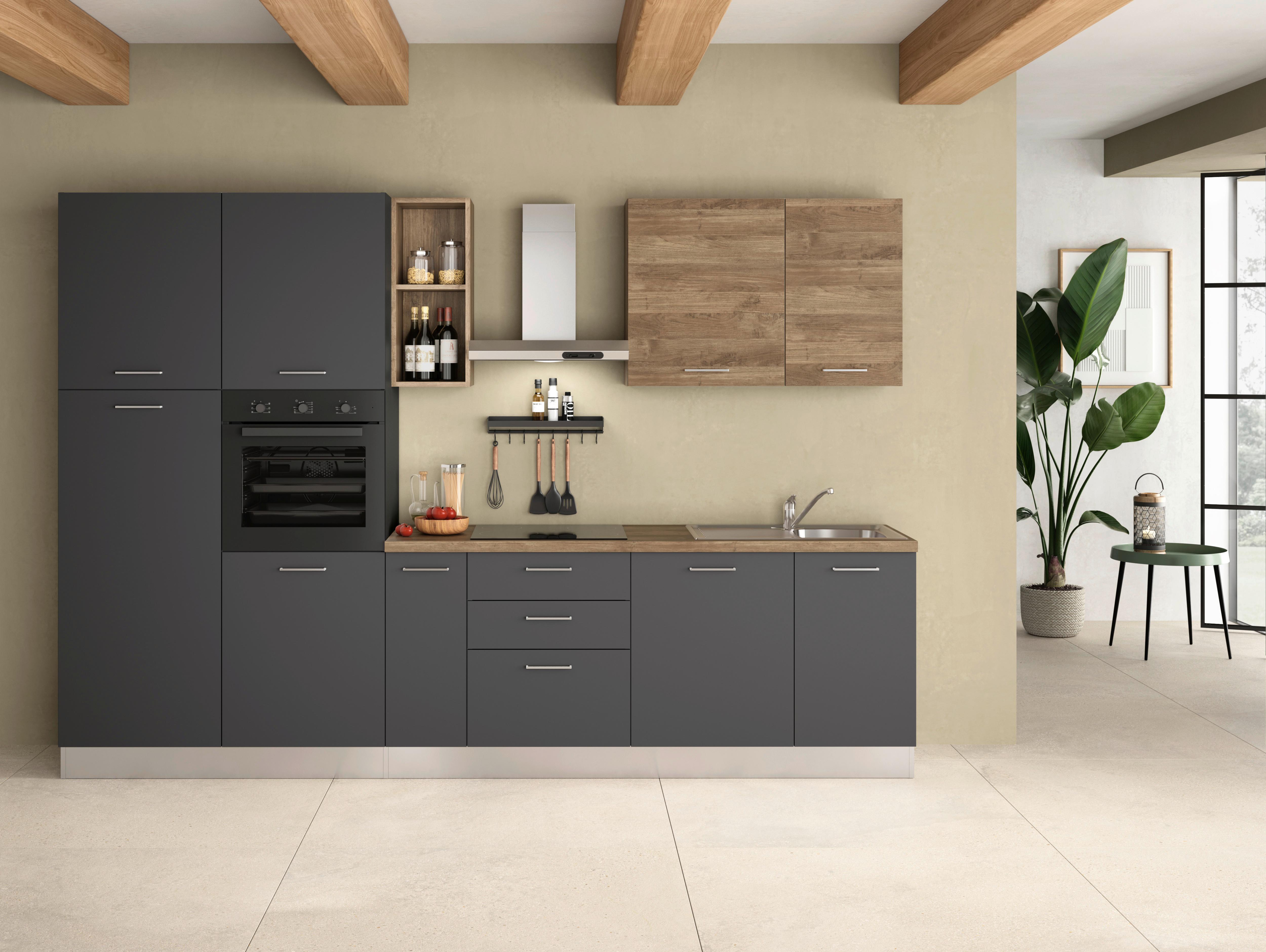 Küchenblock Freia 315 m. Geräten Grau/Walnussfarben - Walnussfarben/Alufarben, LIFESTYLE, Holzwerkstoff/Kunststoff (315cm) - MID.YOU