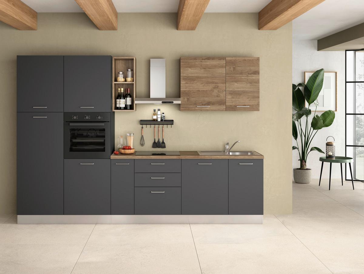 Küchenblock Freia 315 m. Geräten Grau/Walnussfarben - Walnussfarben/Alufarben, LIFESTYLE, Holzwerkstoff/Kunststoff (315cm) - MID.YOU