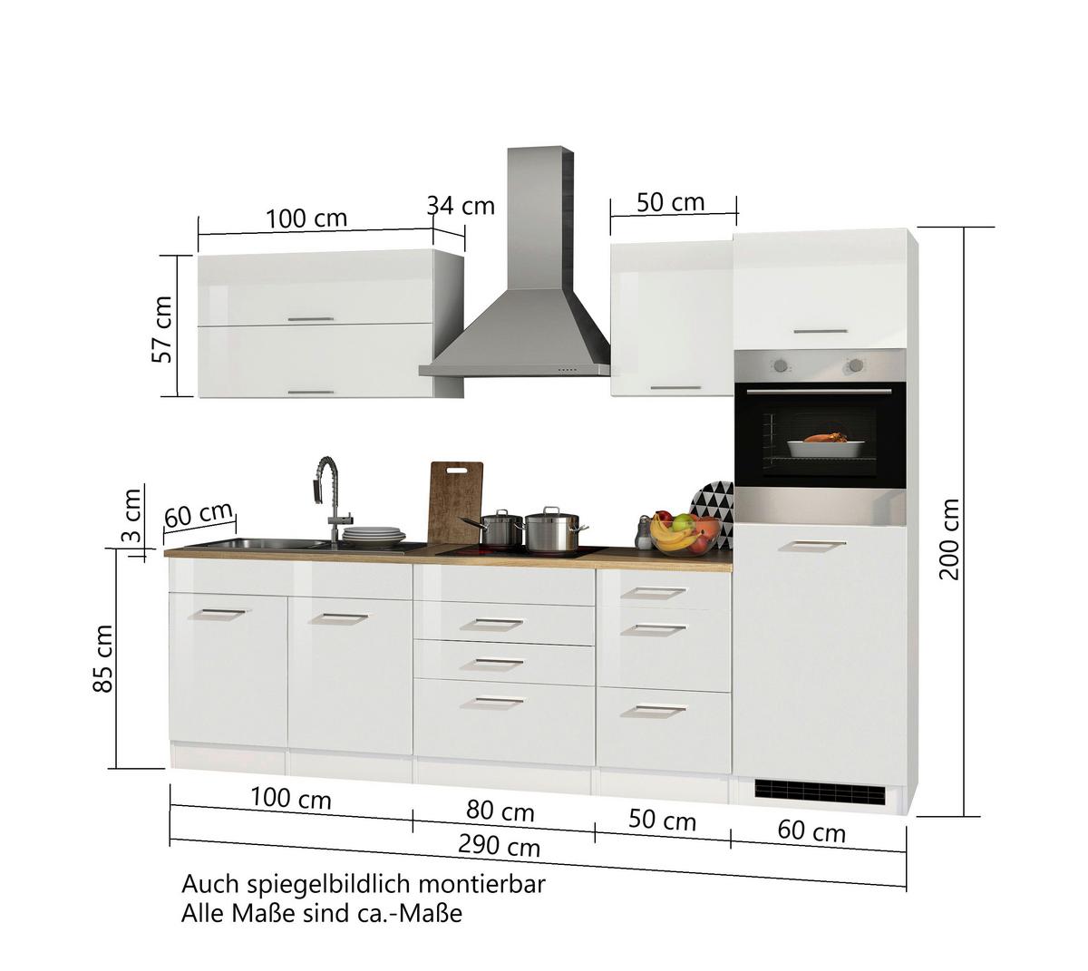 Küchenblock Mailand m. Geräten Weiß Hochglanz - Weiß Hochglanz/Silberfarben, MODERN, Holzwerkstoff/Metall (290cm) - Held
