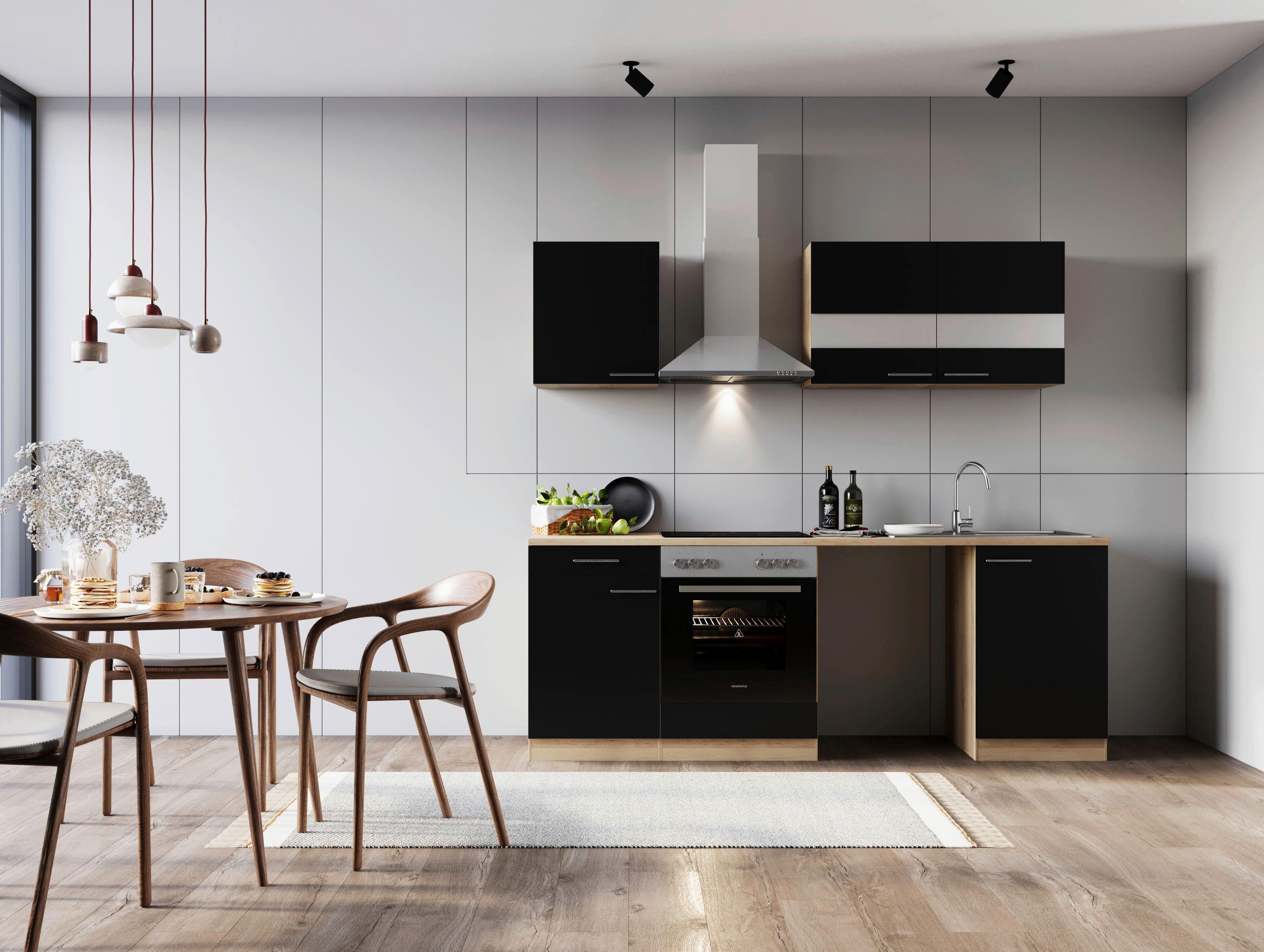 Küchenblock Merle m. Geräten Schwarz - Edelstahlfarben/Eichefarben, Basics, Glas/Holzwerkstoff (220cm) - Respekta