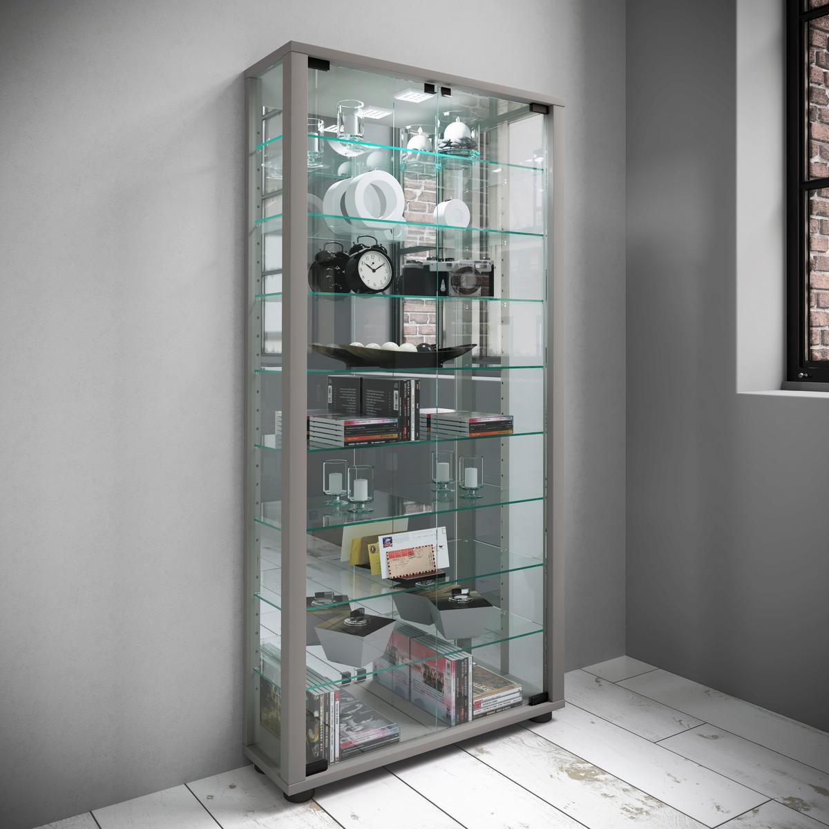 Vitrine Lumo mit LED ca. 59x115x18 cm Silber - Silberfarben/Schwarz, MODERN, Glas/Holzwerkstoff (59/114,8/18cm) - MID.YOU