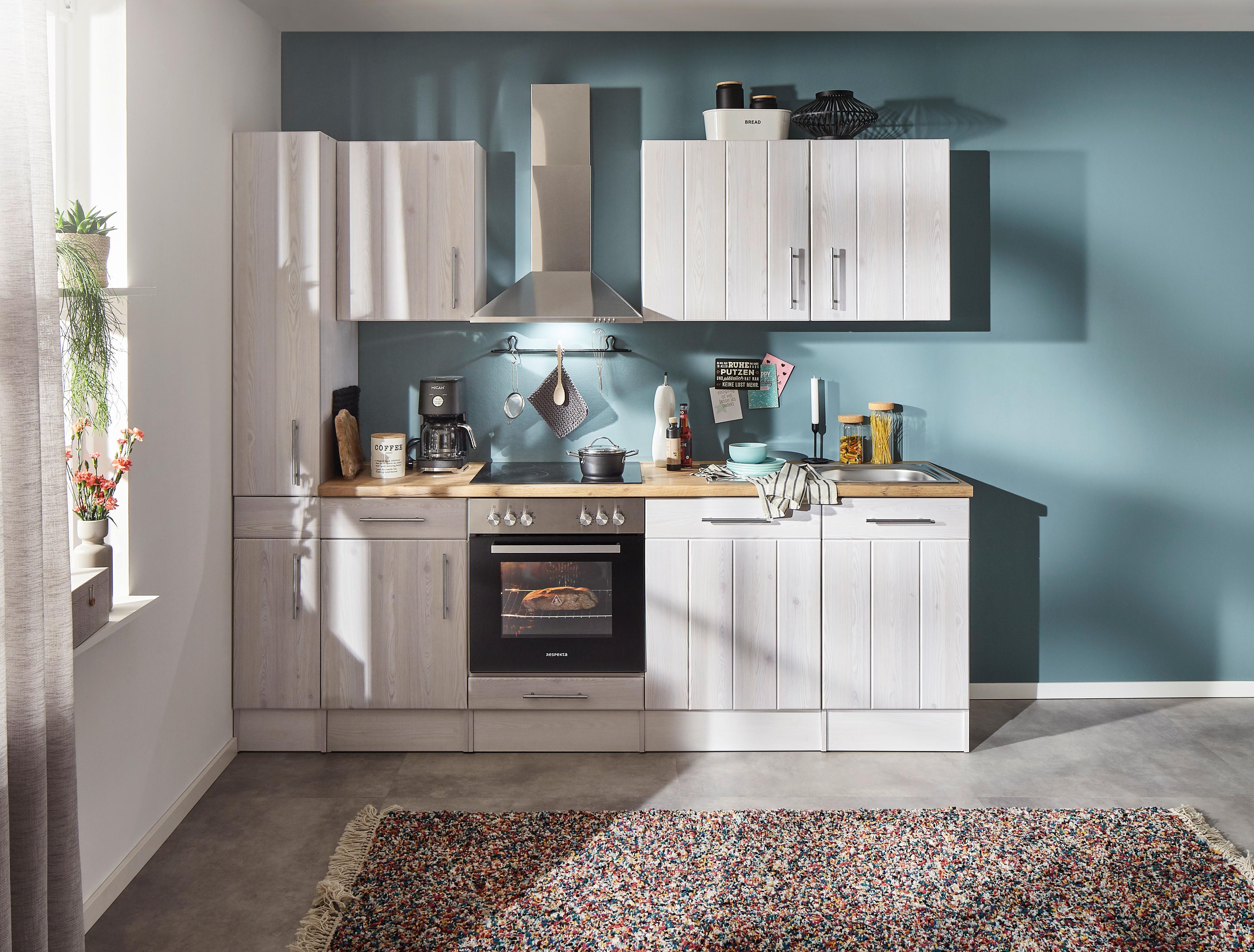 Küchenblock Anton Landhaus ohne Geräte ca. 250 cm Weiß - Edelstahlfarben/Lärchefarben, Basics, Holzwerkstoff/Metall (250cm) - Respekta