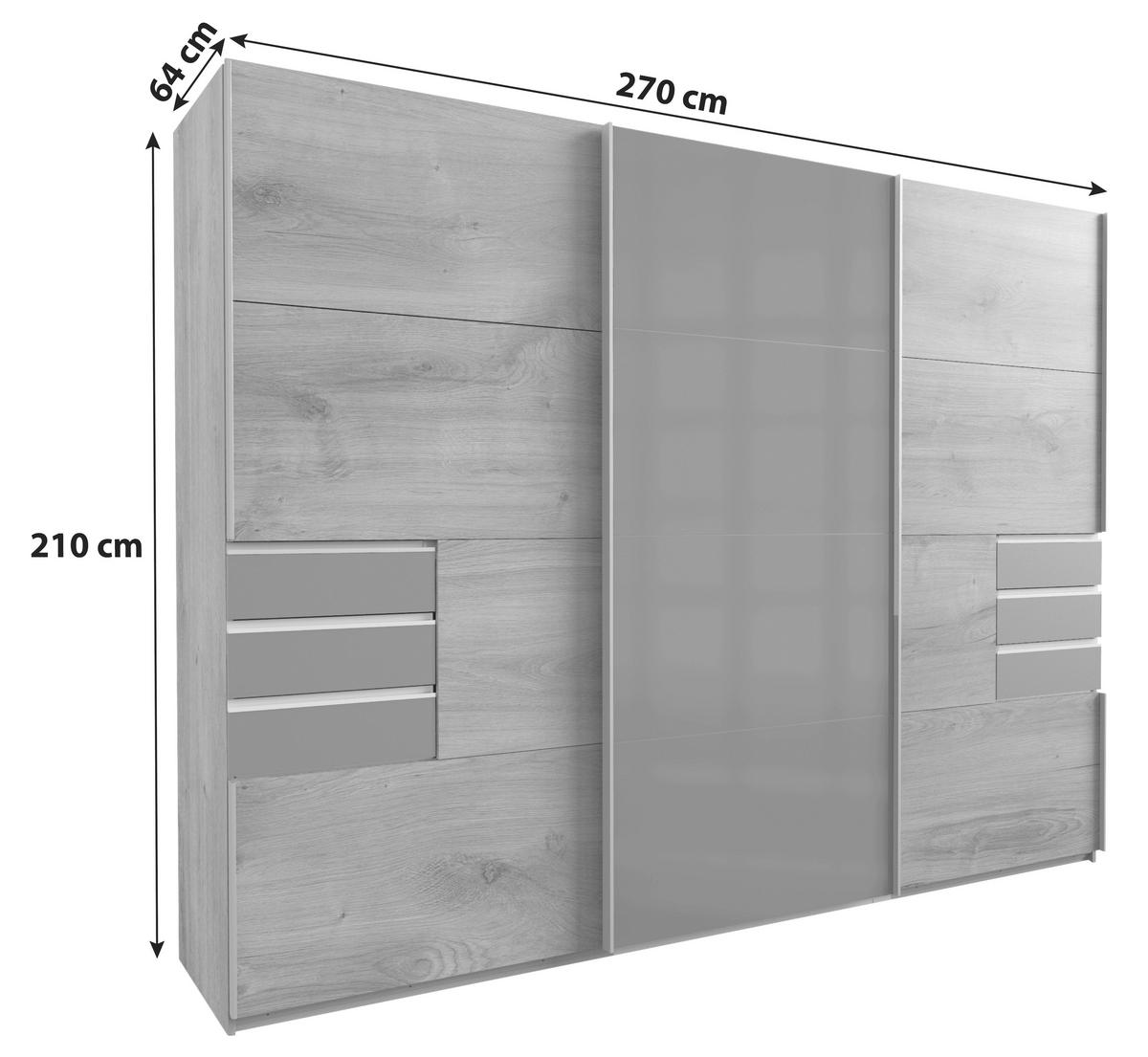 Schwebetürenschrank Saigon ca. 270x210 cm Eichefarben - Klar/Eichefarben, MODERN, Glas/Holzwerkstoff (270/208/64cm) - MID.YOU