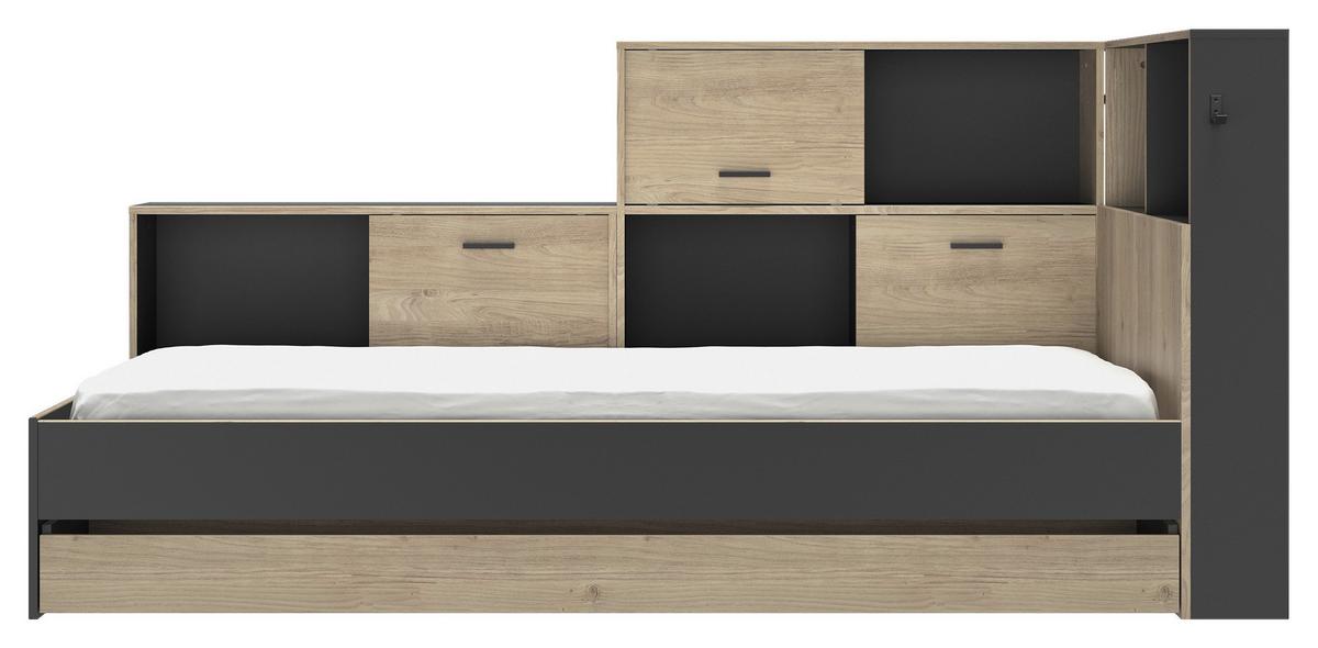 Postelja S Predalom Erwan, Črna, Barva Kostanja, 90x200cm - črna/barve kostanja, Moderno, leseni material (90/200cm) - MID.YOU