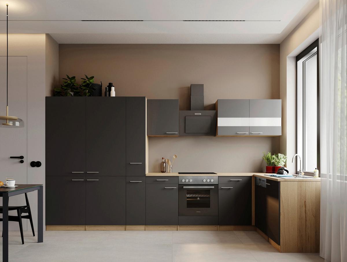 Eckküche Merle m. Geräten ca. 370x172cm Grau - Edelstahlfarben/Eichefarben, Trend, Holzwerkstoff/Metall (370/172cm) - Respekta