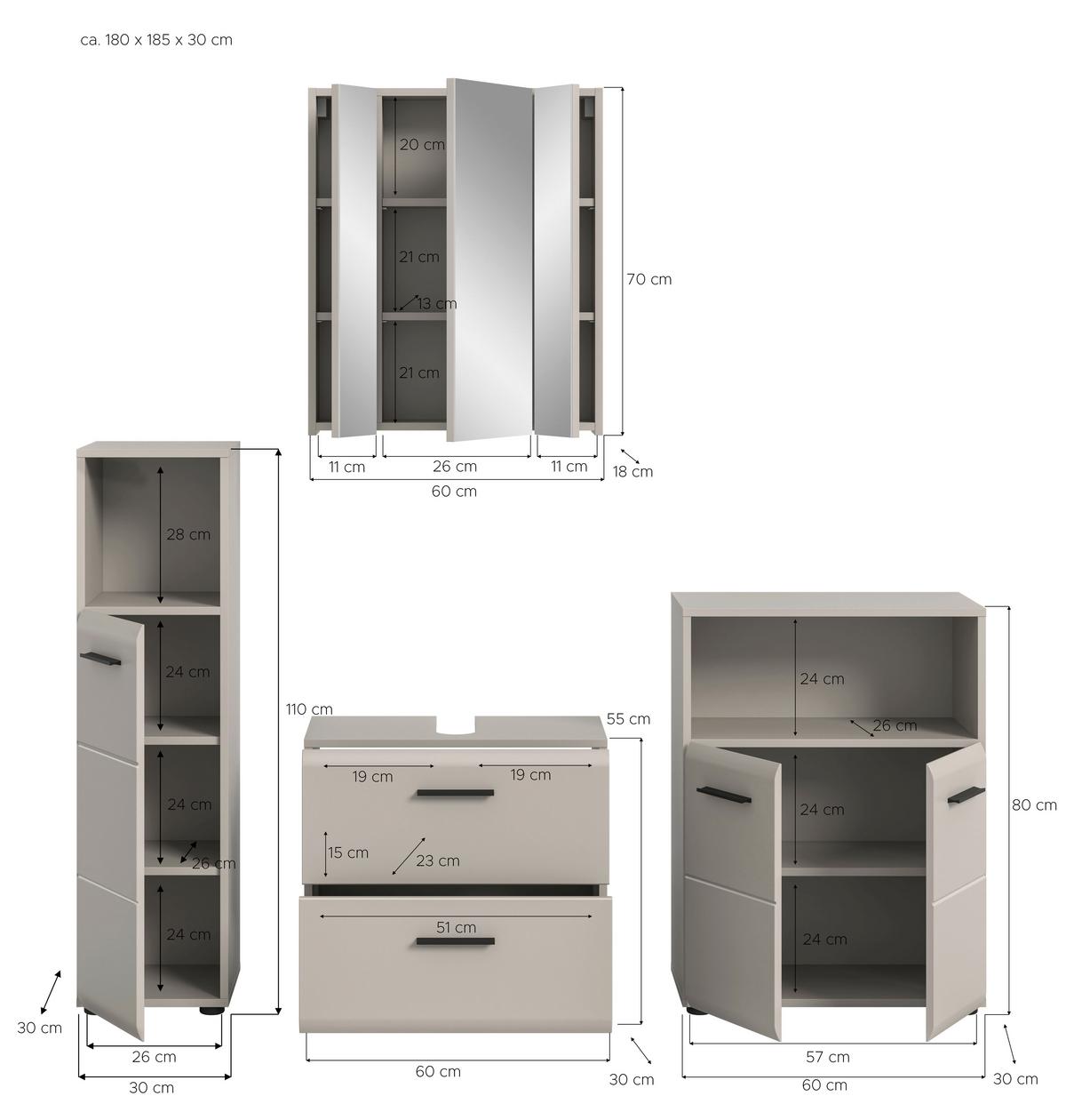 Badezimmer Ice Kaschmir 4-teilig - Kaschmir/Schwarz, Trend, Glas/Holzwerkstoff (150cm) - MID.YOU
