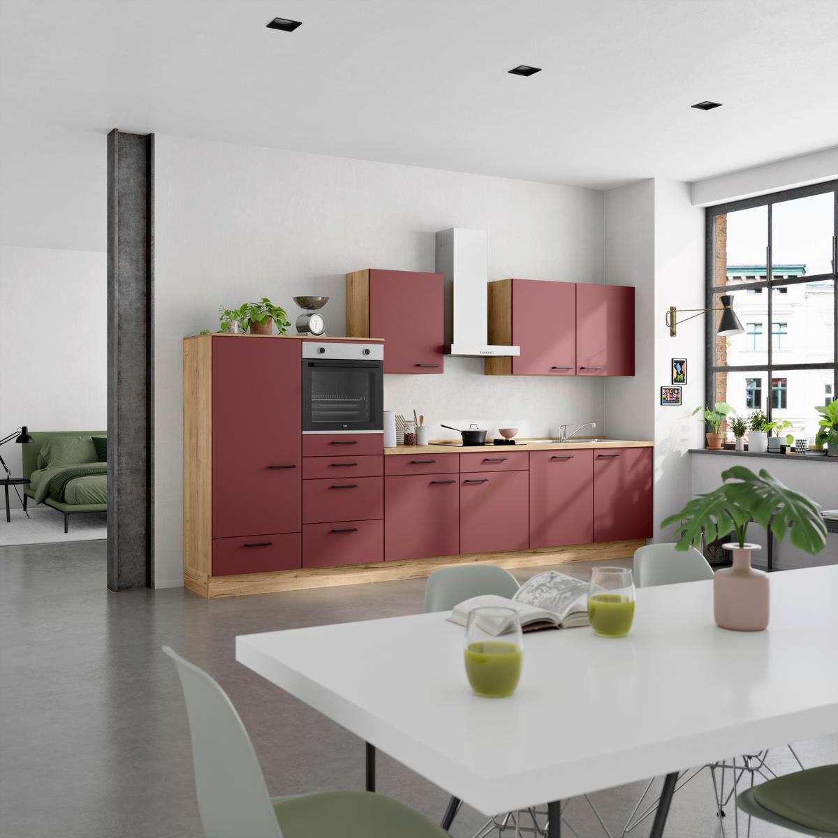 Küchenblock Easytouch Low m. Geräten Dunkelrot - Eichefarben/Schwarz, MODERN, Holzwerkstoff/Metall (360cm) - Nobilia
