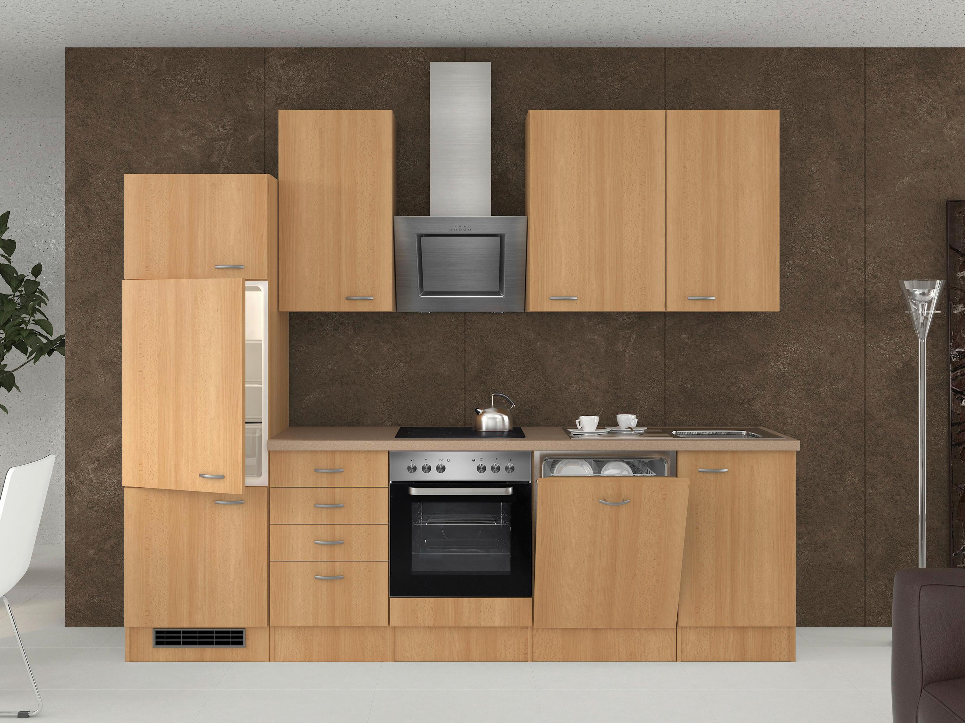 Küchenblock in Buche inkl. Geräte und Spüle 'Nano' - Edelstahlfarben/Beige, MODERN, Holzwerkstoff/Kunststoff (280cm) - FlexWell