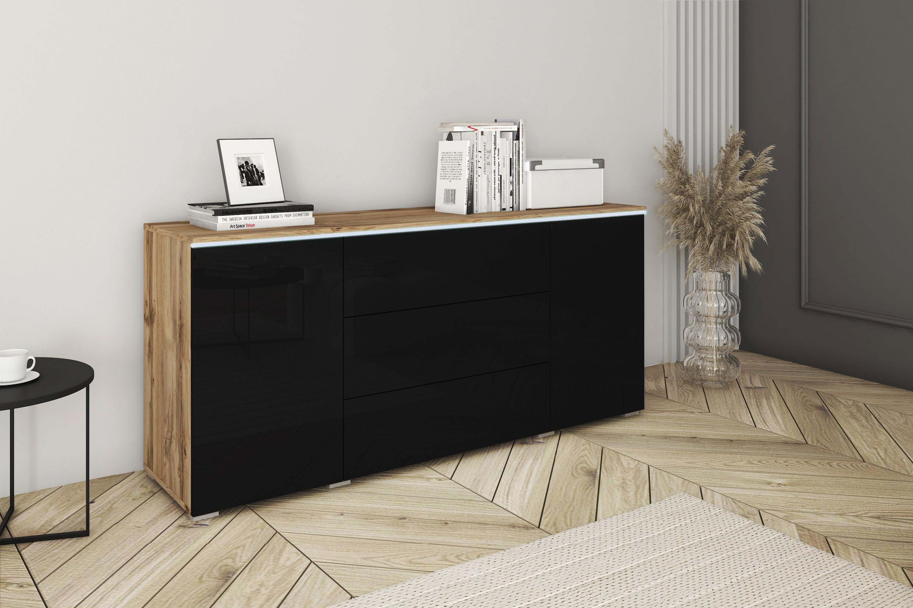 Sideboard Vera mit LED ca. 150 cm Schwarz/Eiche Wotan - Schwarz Hochglanz/Eiche Wotan, LIFESTYLE, Holzwerkstoff/Kunststoff (150/67,9/39,5cm) - P & B