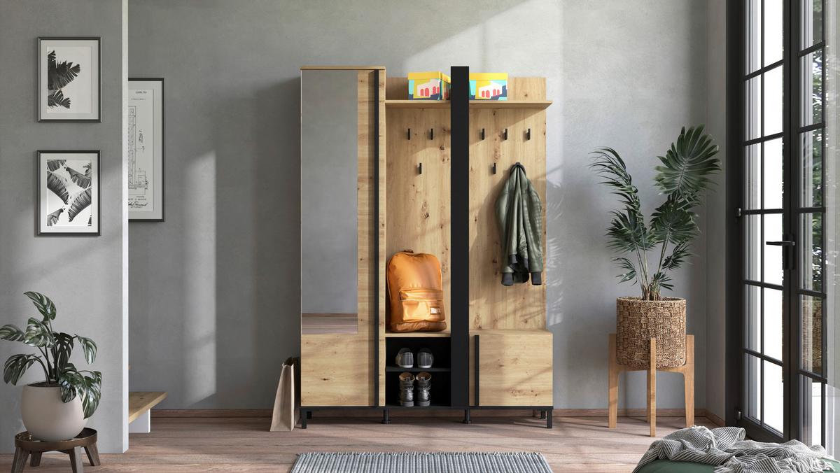 Előszobafal Nino - fekete/Artisan tölgy, Basics, faalapú anyag (134,5/192,5/34,5cm) - Carryhome