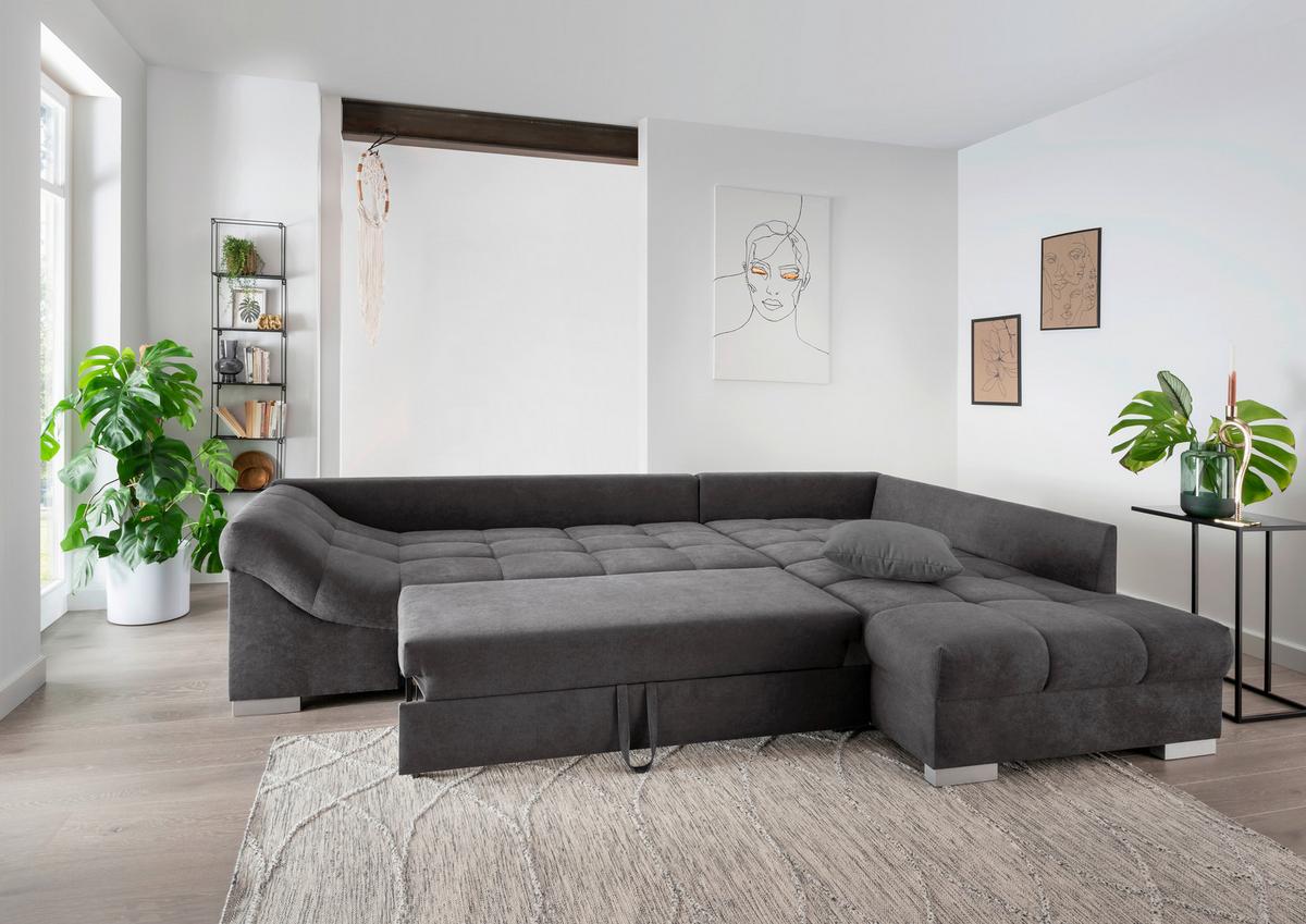 Wohnlandschaft Alvito Anthrazit Nylon/Mikrofaser - Anthrazit/Silberfarben, Design, Holz/Textil (298/202cm) - MID.YOU