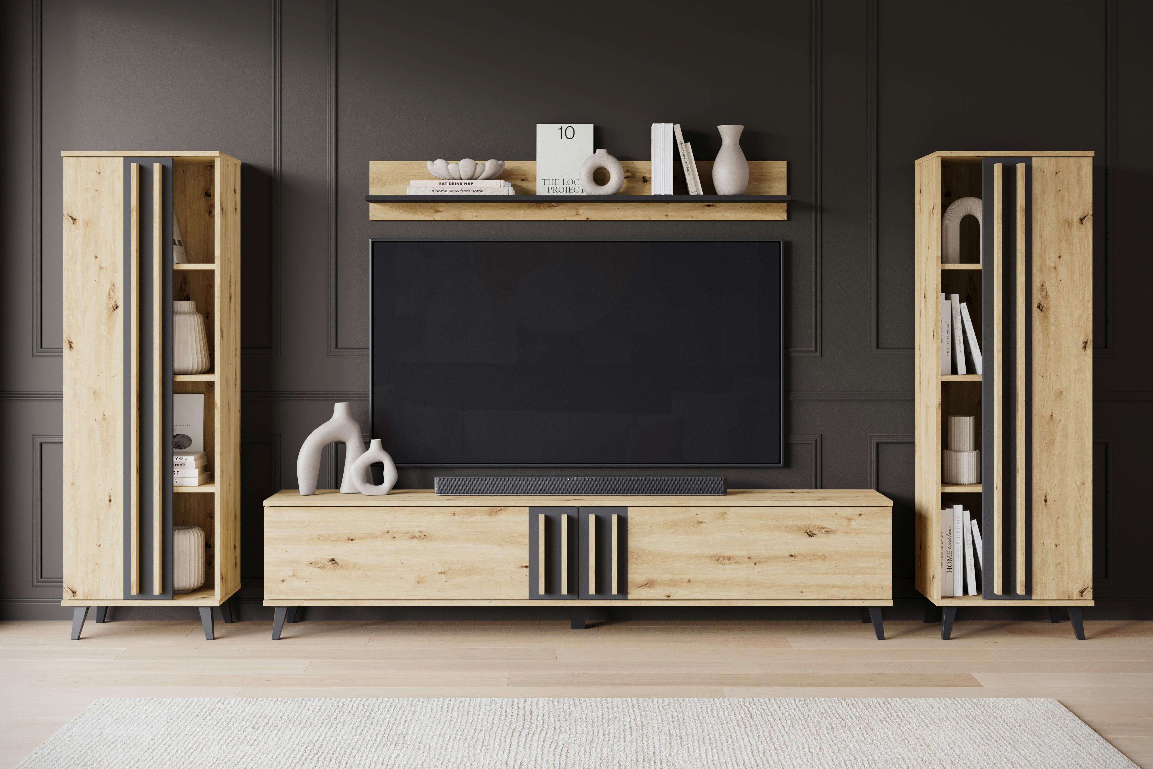 Dnevni Regal Helsinki 1, Barva Hrasta, 4-Delno - črna/hrast artisan, Trend, umetna masa/leseni material (270/140/33cm)