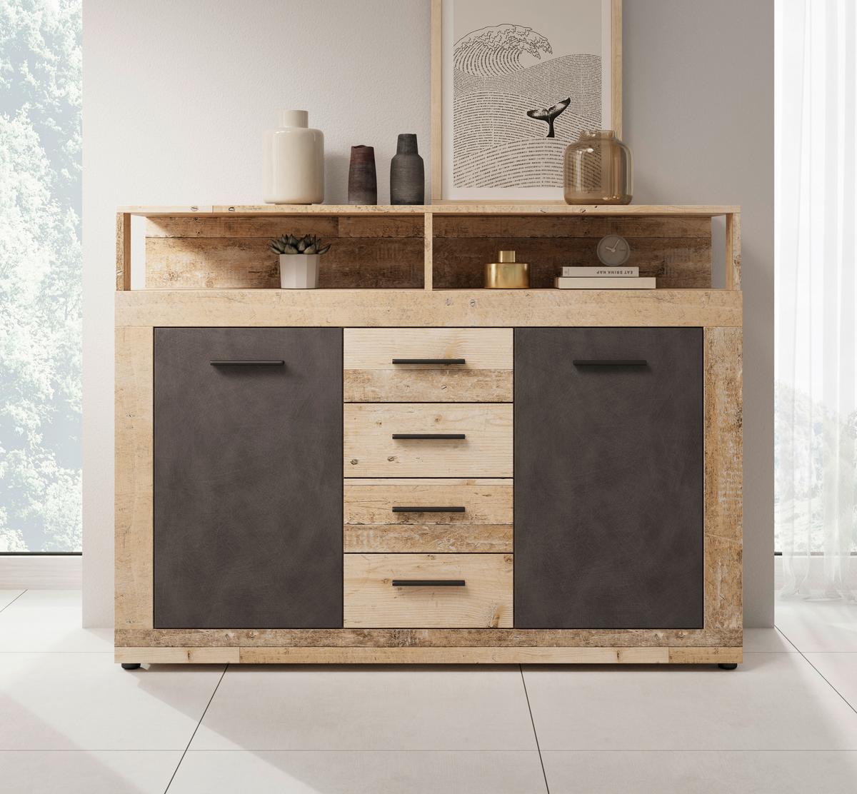 KOMODA LUPO - kolor dębowy/antracytowy, Design, materiał drewnopochodny/tworzywo sztuczne (119/96/32cm) - MID.YOU