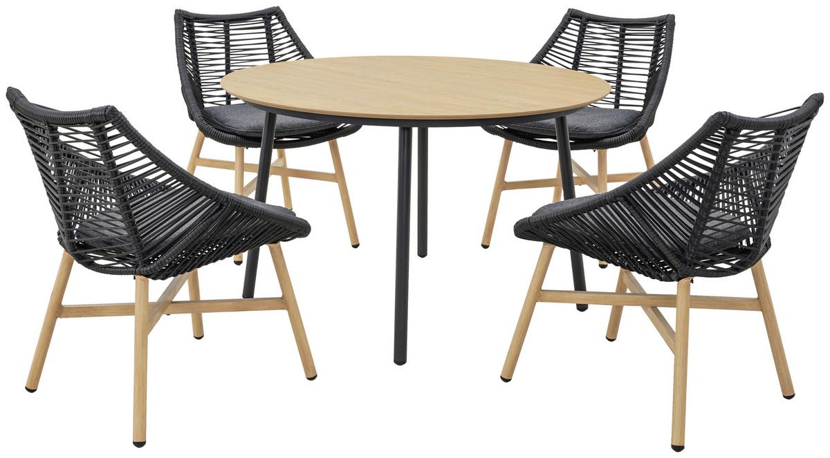 Gartentischgruppe Carmello Schwarz/Teakfarben - Anthrazit/Schwarz, Modern, Kunststoff/Textil - Mömax