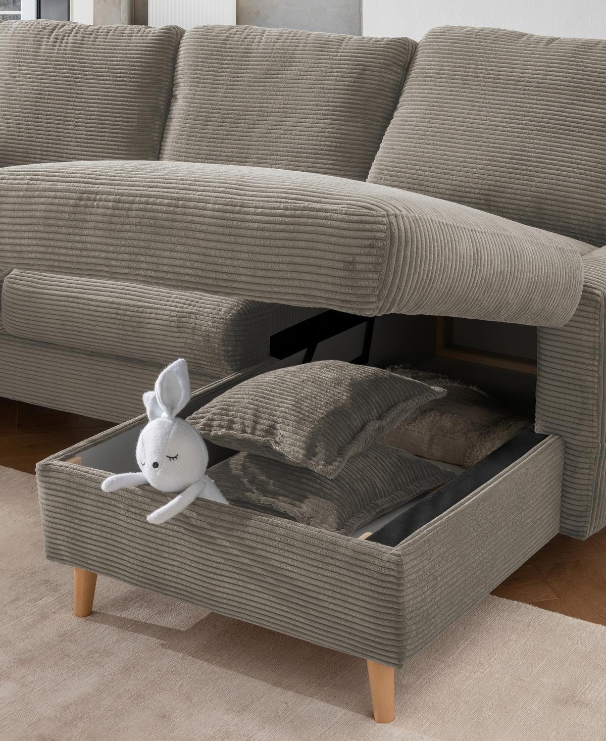 Ecksofa Valentina Cord ca. 228x150 cm Graubraun - Graubraun/Naturfarben, Design, Holz/Textil (228/150cm) - P & B