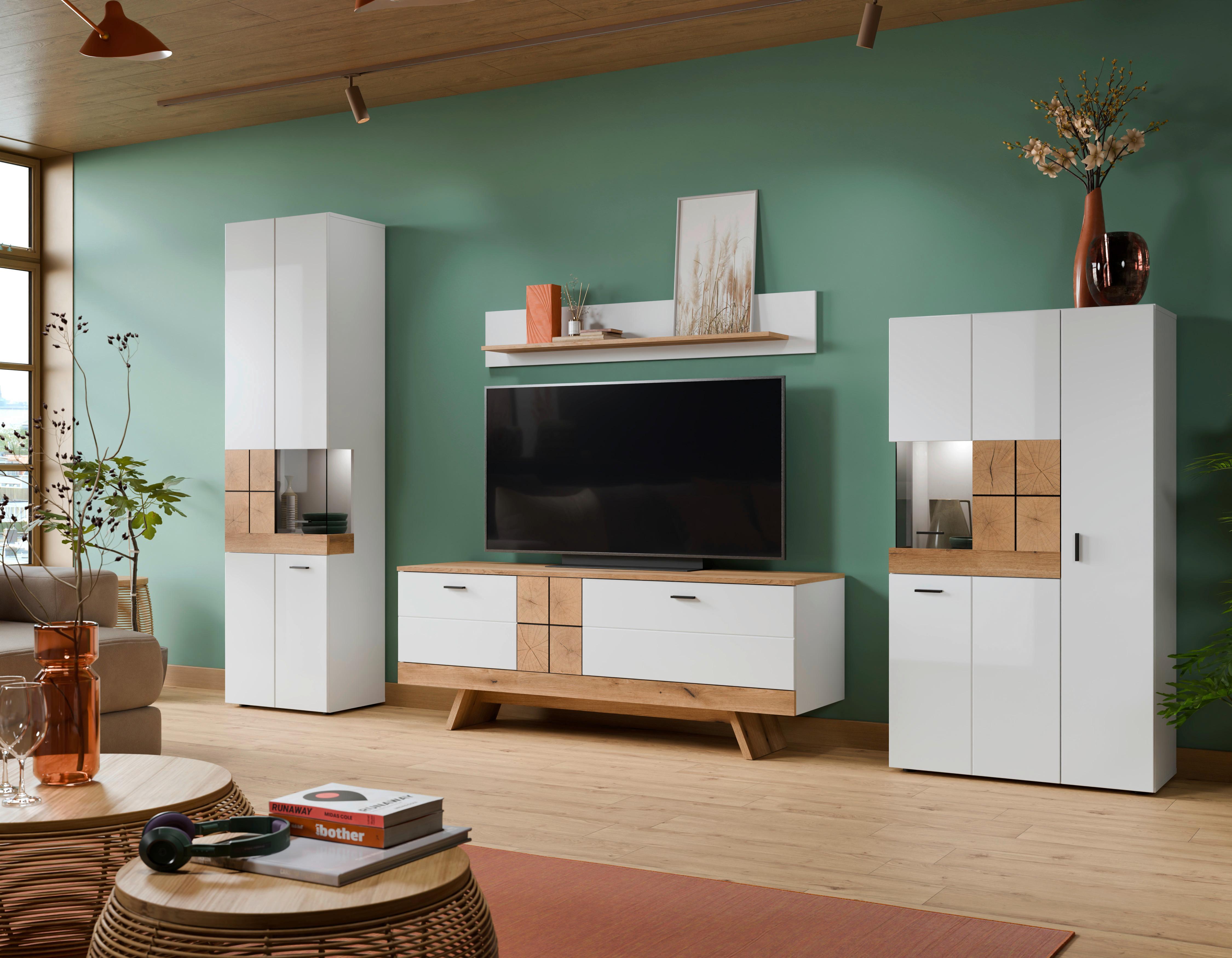 Comodă TV ORETA - alb/culoare lemn stejar, Modern, material pe bază de lemn (162/61,4/45cm) - Modern Living