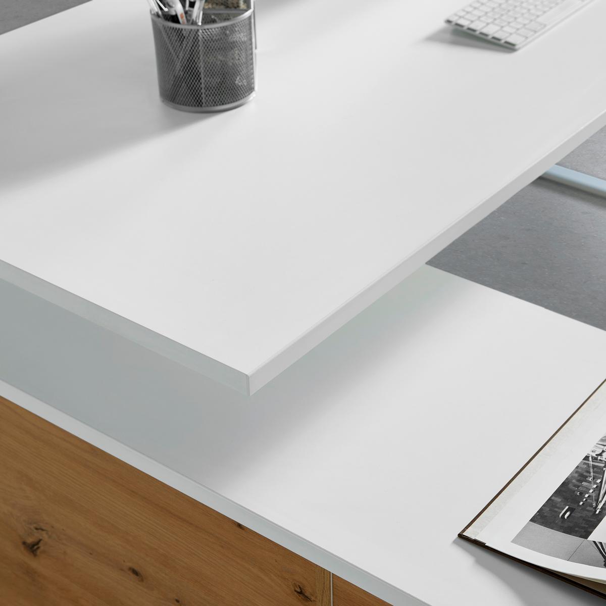 Eckschreibtisch Dallas Silber/Weiss/Eiche Artisan - Weiss/Silberfarben, Modern, Holzwerkstoff/Metall (180/77/160cm) - Mömax
