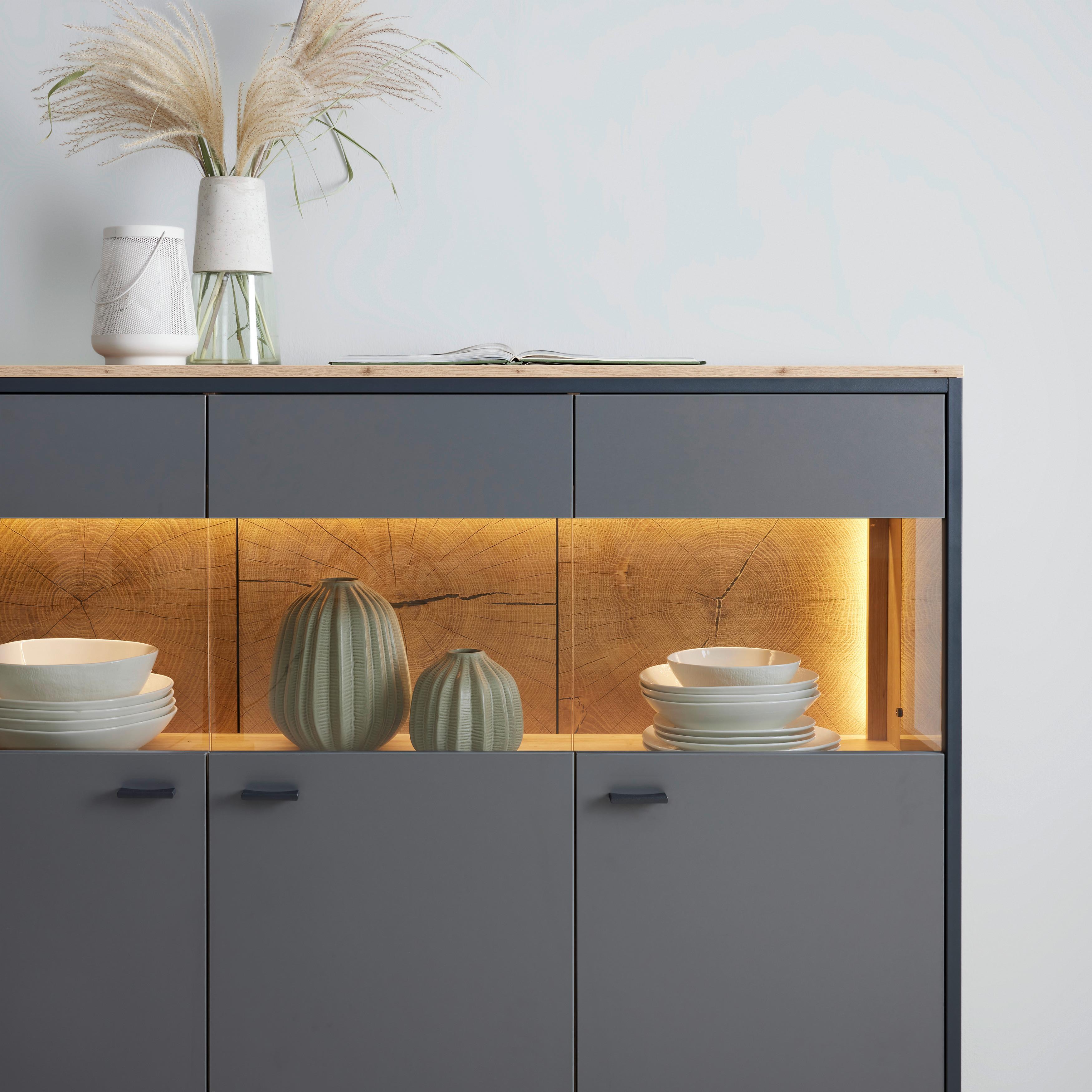 Highboard Florenz Grau/Eiche Artisan - Schwarz/Eiche Artisan, MODERN, Glas/Holzwerkstoff (150,2/121,5/38cm) - Premium Living