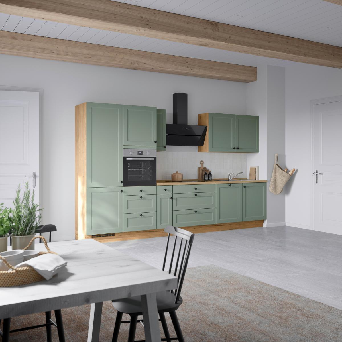 Küchenblock Cascada High m. Geräten Schilfgrün - Schilfgrün/Eichefarben, MODERN, Holzwerkstoff/Metall (360cm) - Nobilia