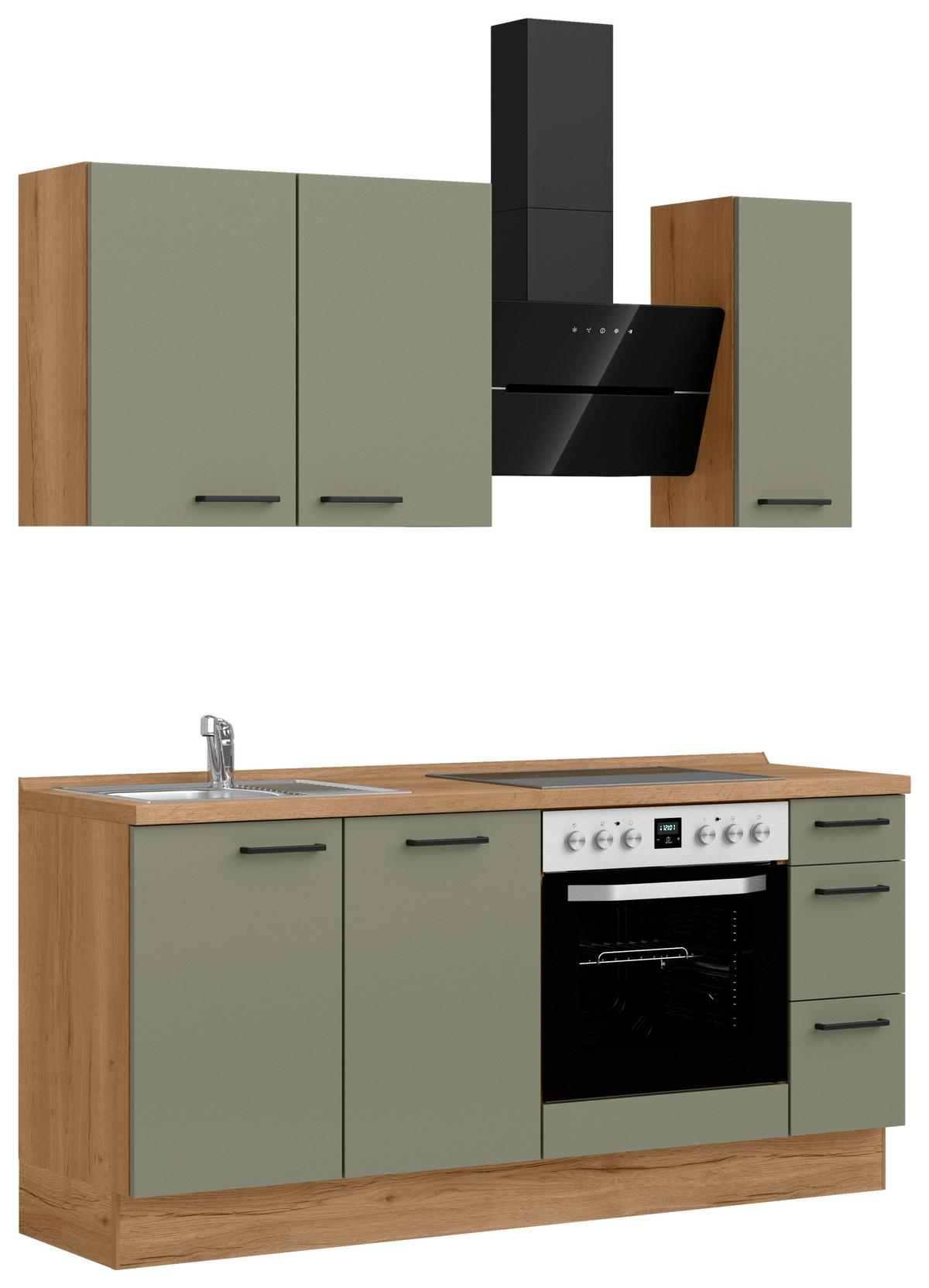 Küchenleerblock Senso High o. Geräte Olivgrün - Eichefarben/Schwarz, ROMANTIK / LANDHAUS, Holzwerkstoff/Metall (180cm) - Nobilia
