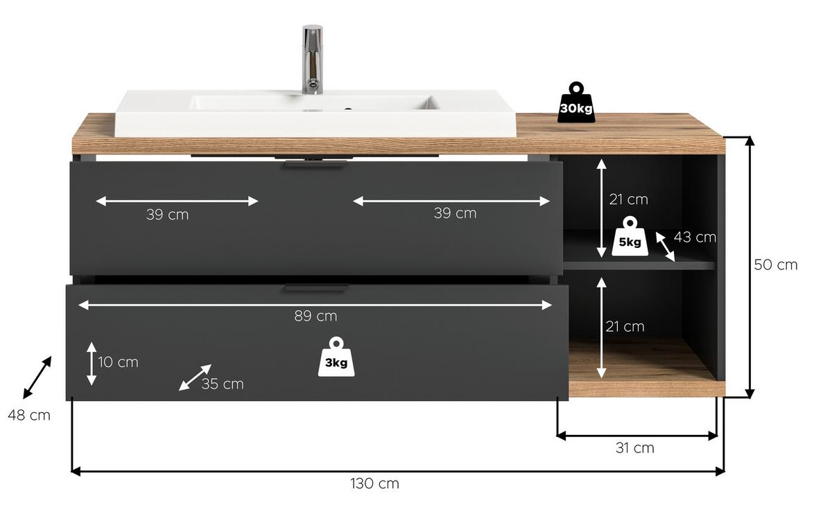 WASCHTISCHKOMBI NUARO - Weiss/Eichefarben, Basics, Holzwerkstoff/Kunststoff (130/50/48cm) - MID.YOU