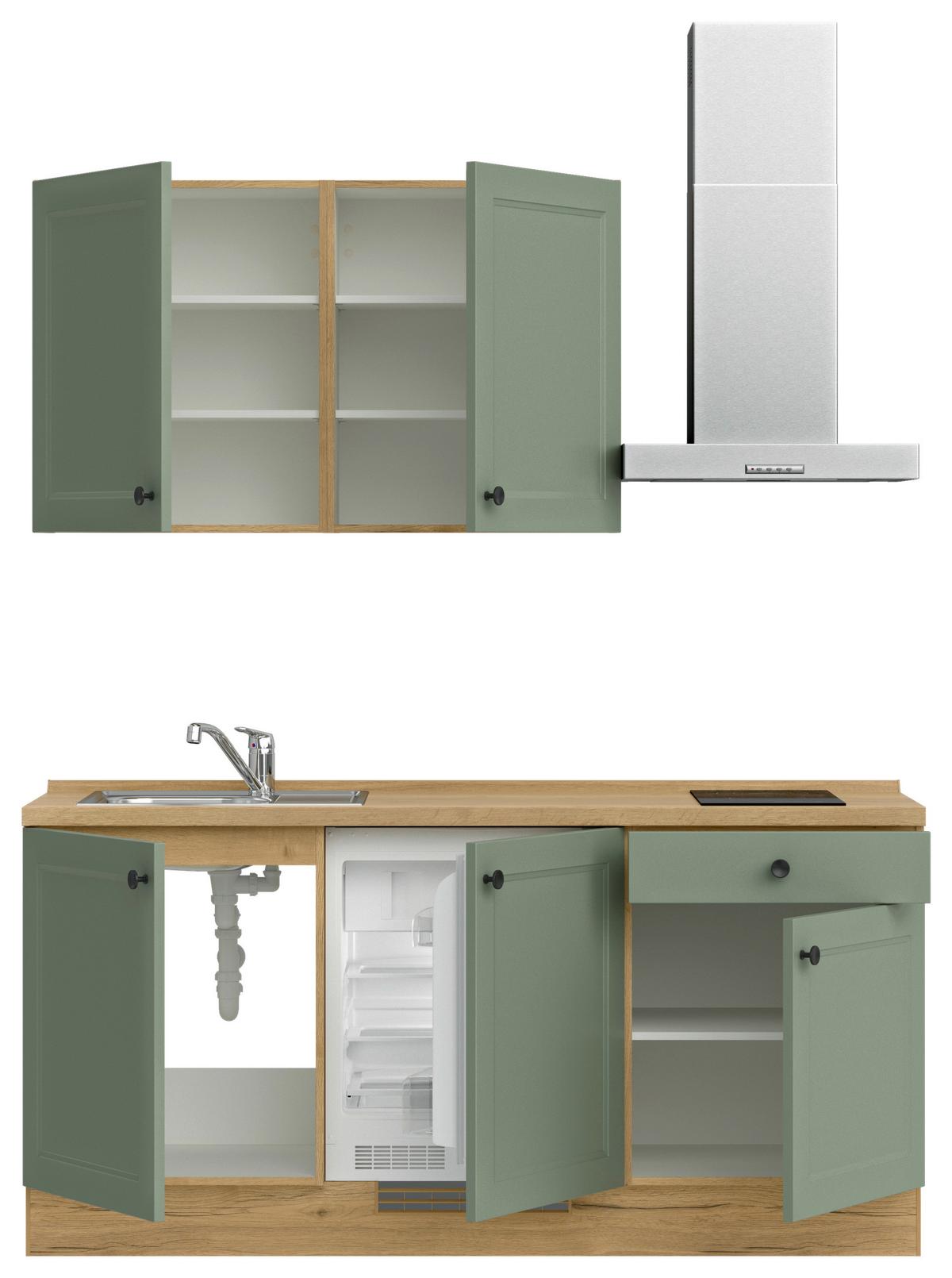 Küchenblock Cascada Low m. Geräten Schilfgrün - Schilfgrün/Eichefarben, MODERN, Holzwerkstoff/Metall (180cm) - Nobilia