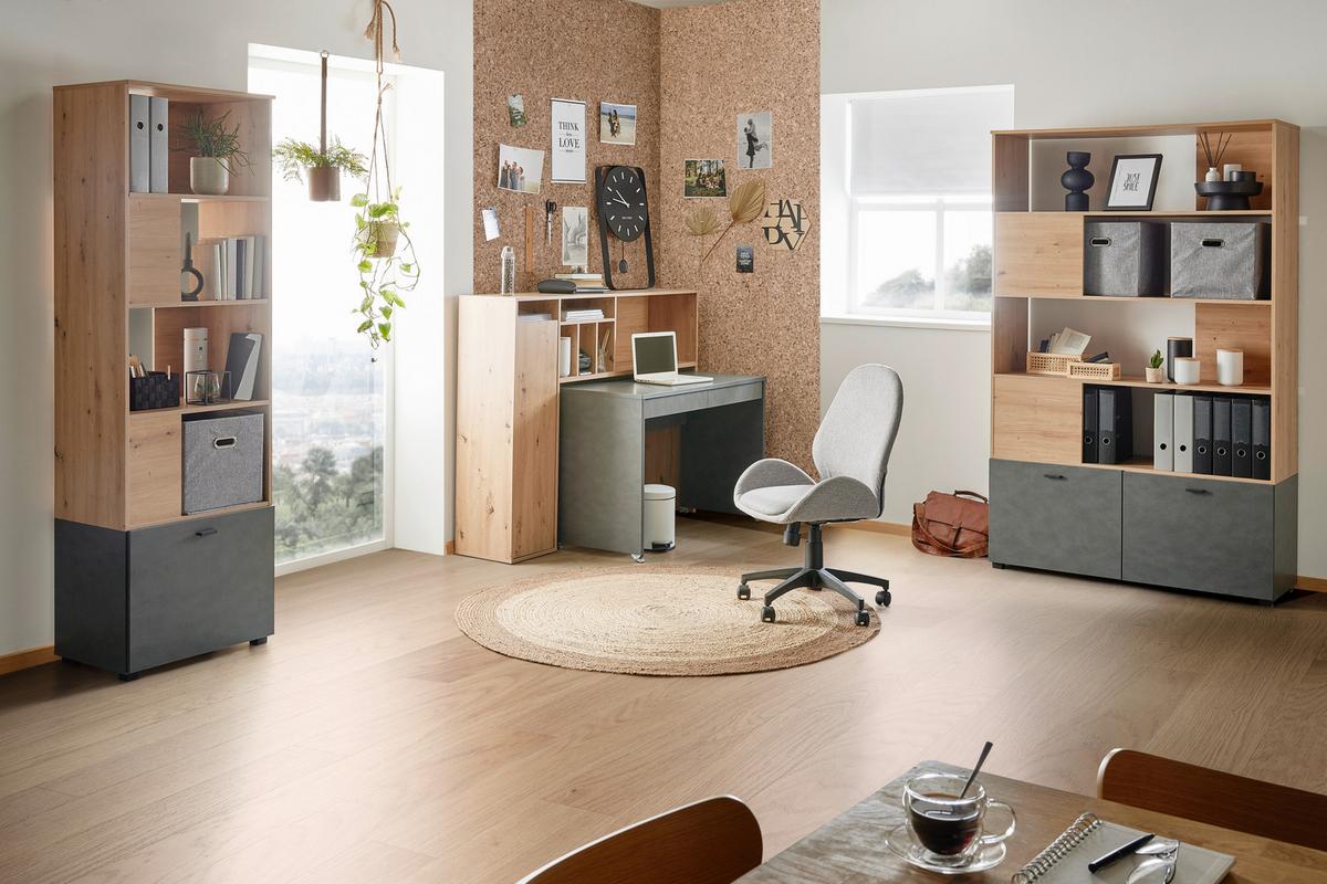 Schreibtischkombination in Dunkelgrau/Eiche - Dunkelgrau/Eiche Artisan, MODERN, Holzwerkstoff (153,8/118,6/33,2-54,5cm) - Mömax