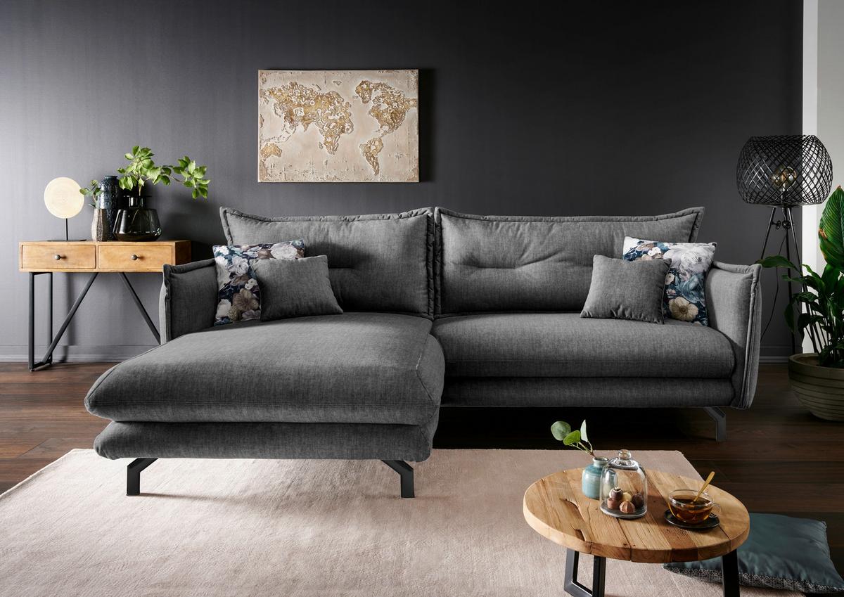 Wohnlandschaft Lava Grau Velours - Türkis/Schwarz, MODERN, Textil/Metall (180/255cm) - Livetastic
