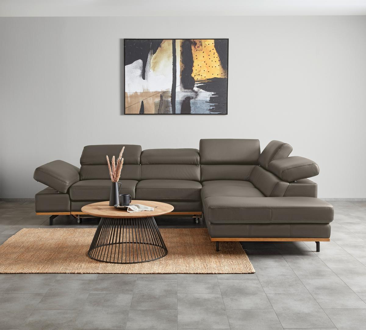 Wohnlandschaft Carmen rechts Dunkelgrau - Dunkelgrau/Schwarz, MODERN, Leder/Holz (292/72/226cm) - Premium Living